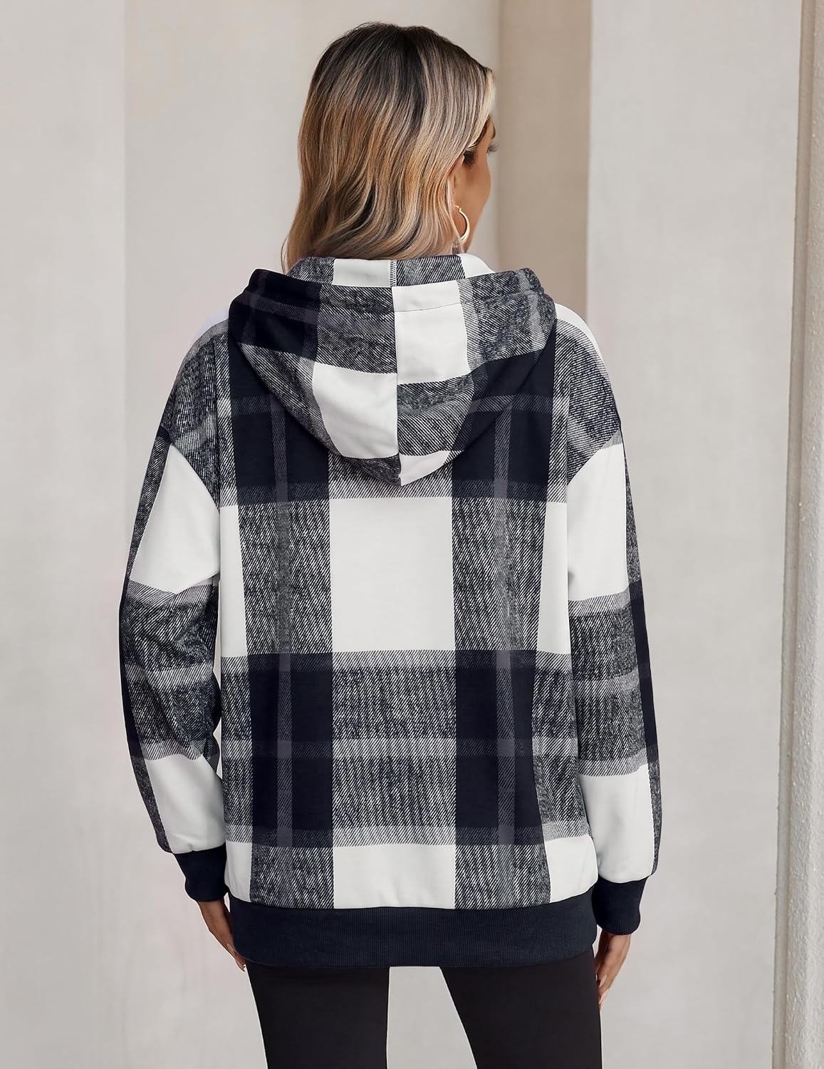 image:imageZeagoo Hoodie for Women Hooded Sweatshirt Button Hoodies With Pockets Comfy Fleece Jackets 2026 Fashion S3XLGrey Black Plaid