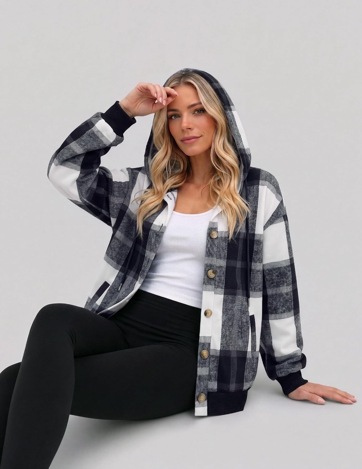 image:imageZeagoo Hoodie for Women Hooded Sweatshirt Button Hoodies With Pockets Comfy Fleece Jackets 2026 Fashion S3XLGrey Black Plaid