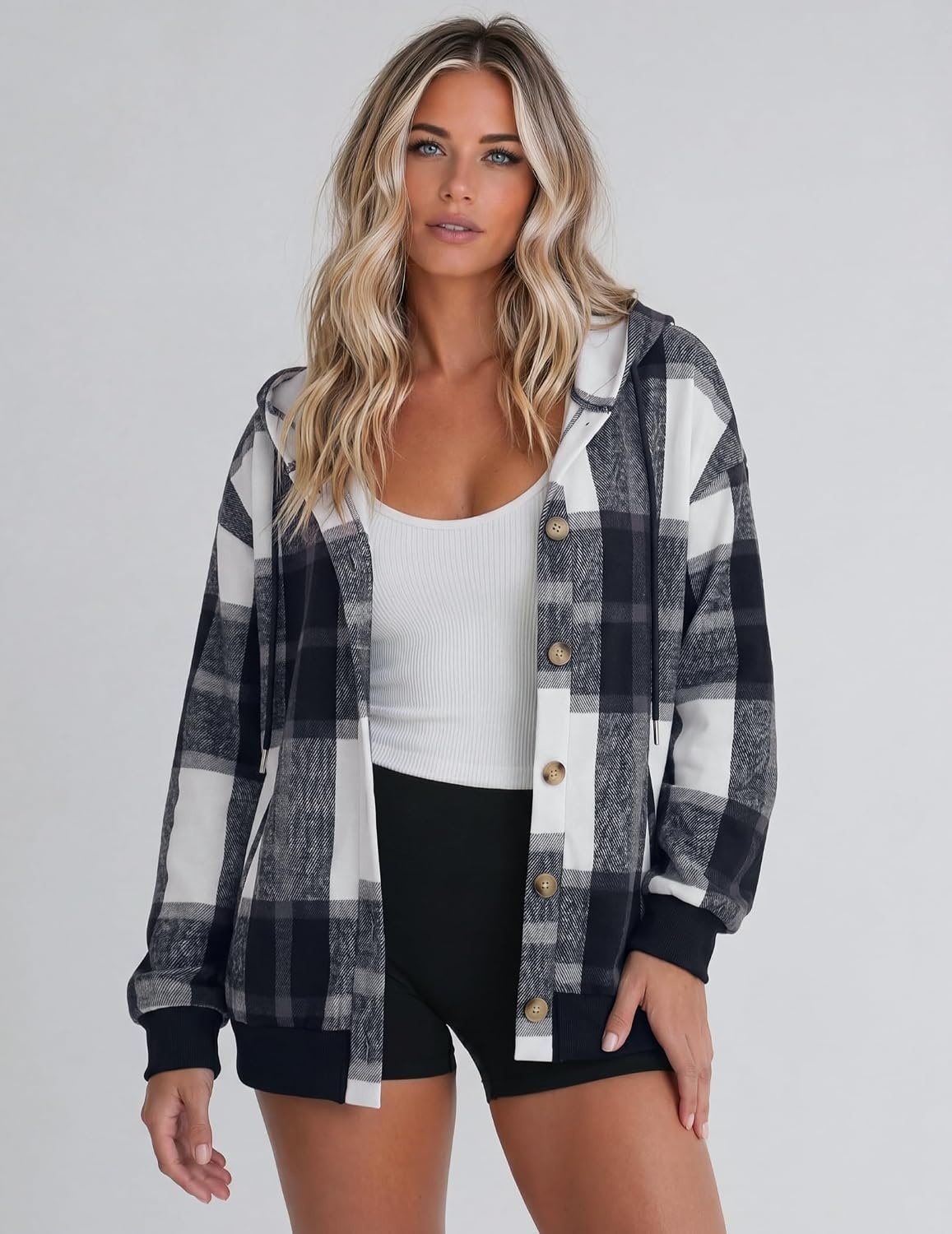 image:imageZeagoo Hoodie for Women Hooded Sweatshirt Button Hoodies With Pockets Comfy Fleece Jackets 2026 Fashion S3XLGrey Black Plaid
