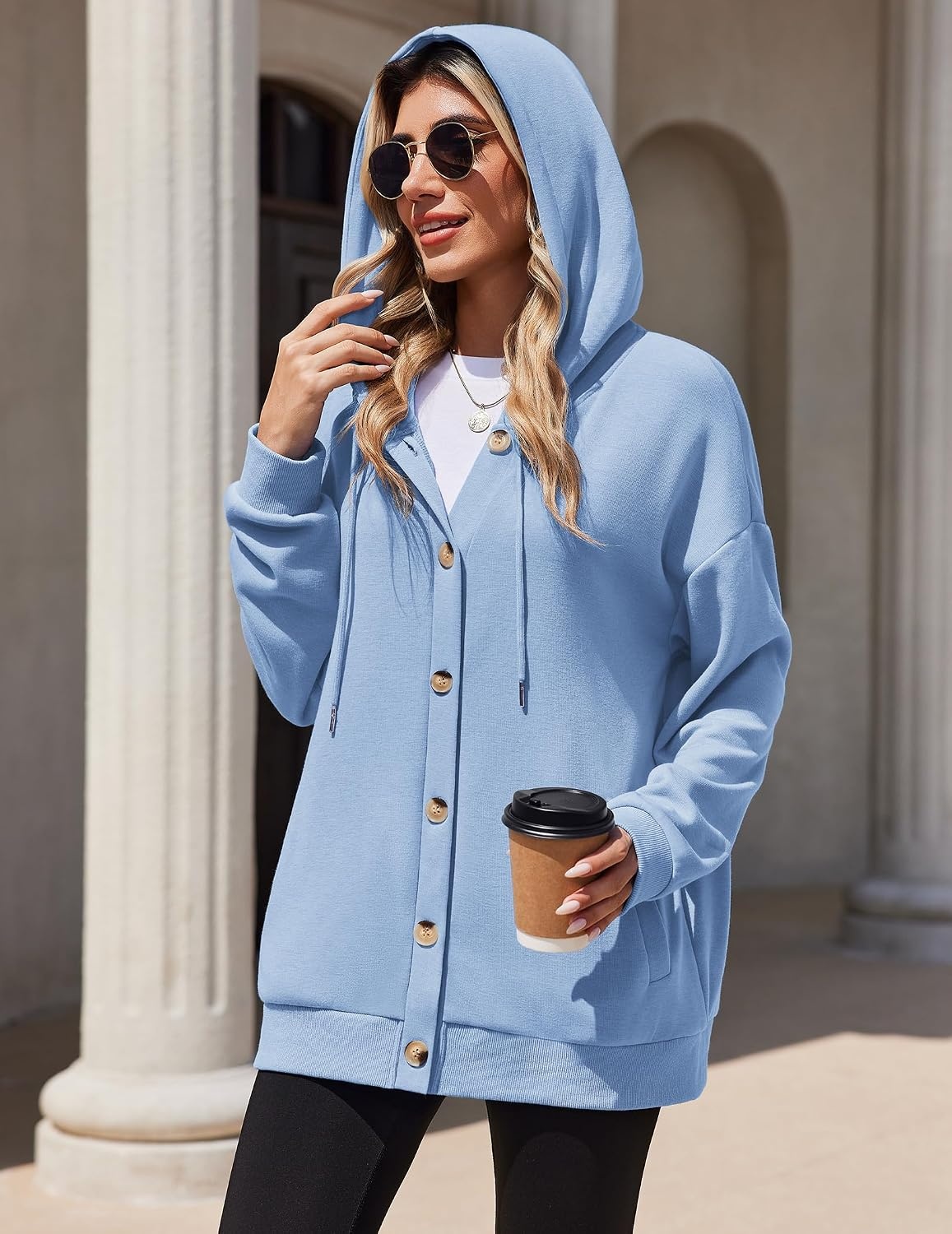 image:imageZeagoo Hoodie for Women Hooded Sweatshirt Button Hoodies With Pockets Comfy Fleece Jackets 2026 Fashion S3XLLight Blue