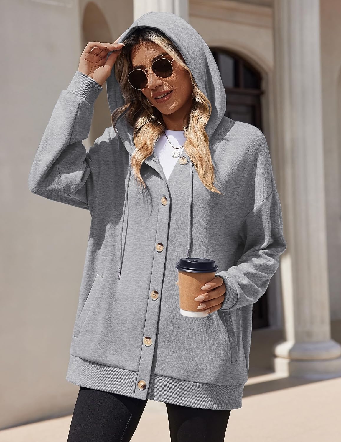 image:imageZeagoo Hoodie for Women Hooded Sweatshirt Button Hoodies With Pockets Comfy Fleece Jackets 2026 Fashion S3XLLight Gray