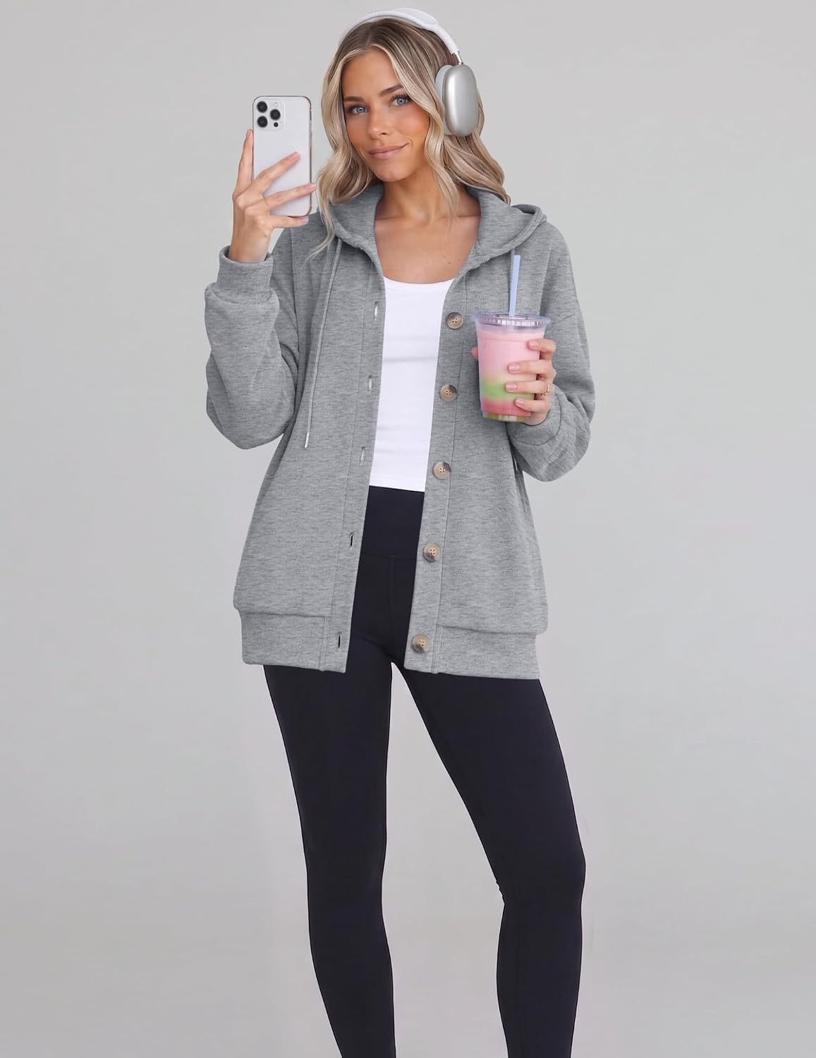 image:imageZeagoo Hoodie for Women Hooded Sweatshirt Button Hoodies With Pockets Comfy Fleece Jackets 2026 Fashion S3XLLight Gray