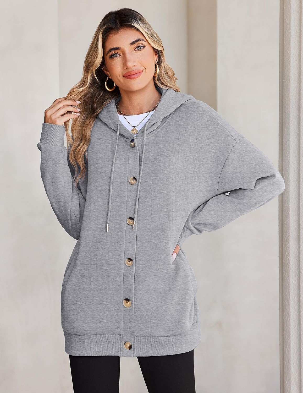 image:imageZeagoo Hoodie for Women Hooded Sweatshirt Button Hoodies With Pockets Comfy Fleece Jackets 2026 Fashion S3XLLight Gray