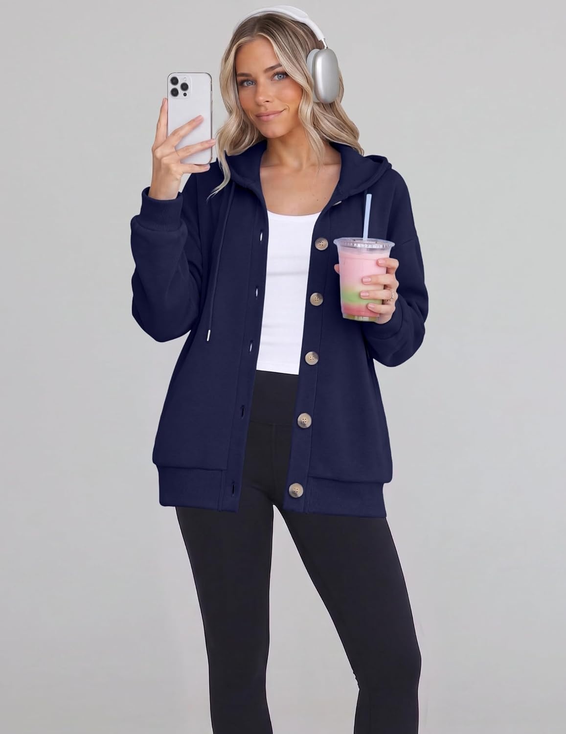 image:imageZeagoo Hoodie for Women Hooded Sweatshirt Button Hoodies With Pockets Comfy Fleece Jackets 2026 Fashion S3XLNavy Blue