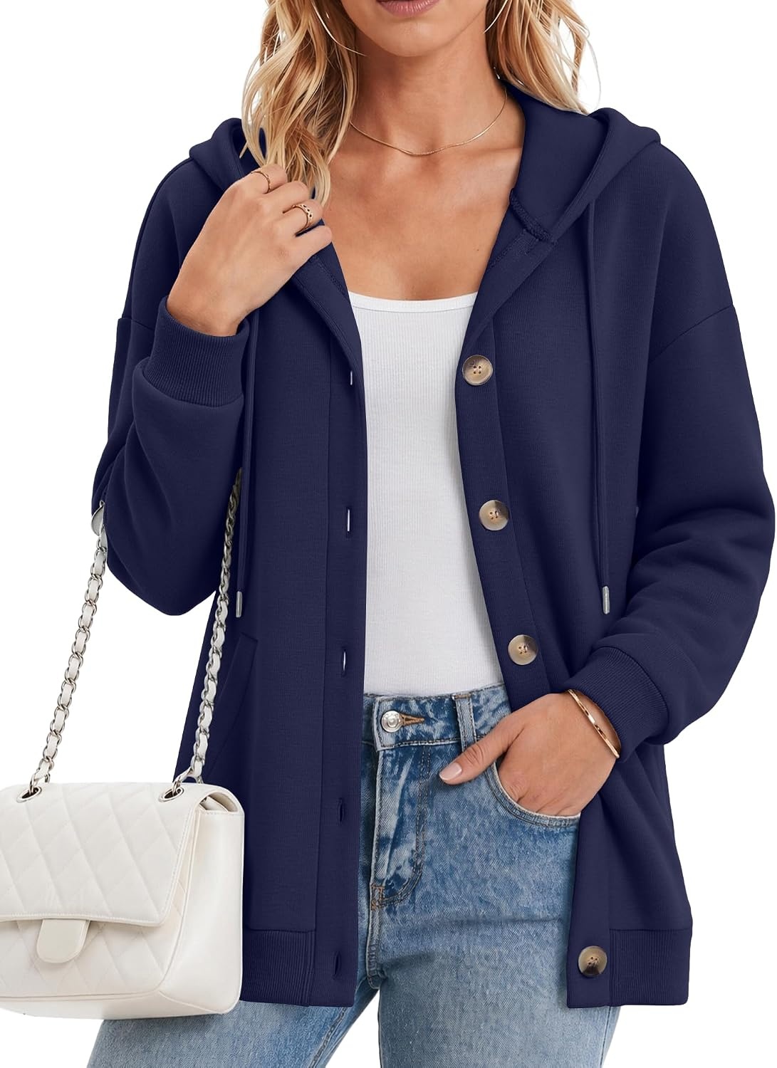 image:imageZeagoo Hoodie for Women Hooded Sweatshirt Button Hoodies With Pockets Comfy Fleece Jackets 2026 Fashion S3XLNavy Blue