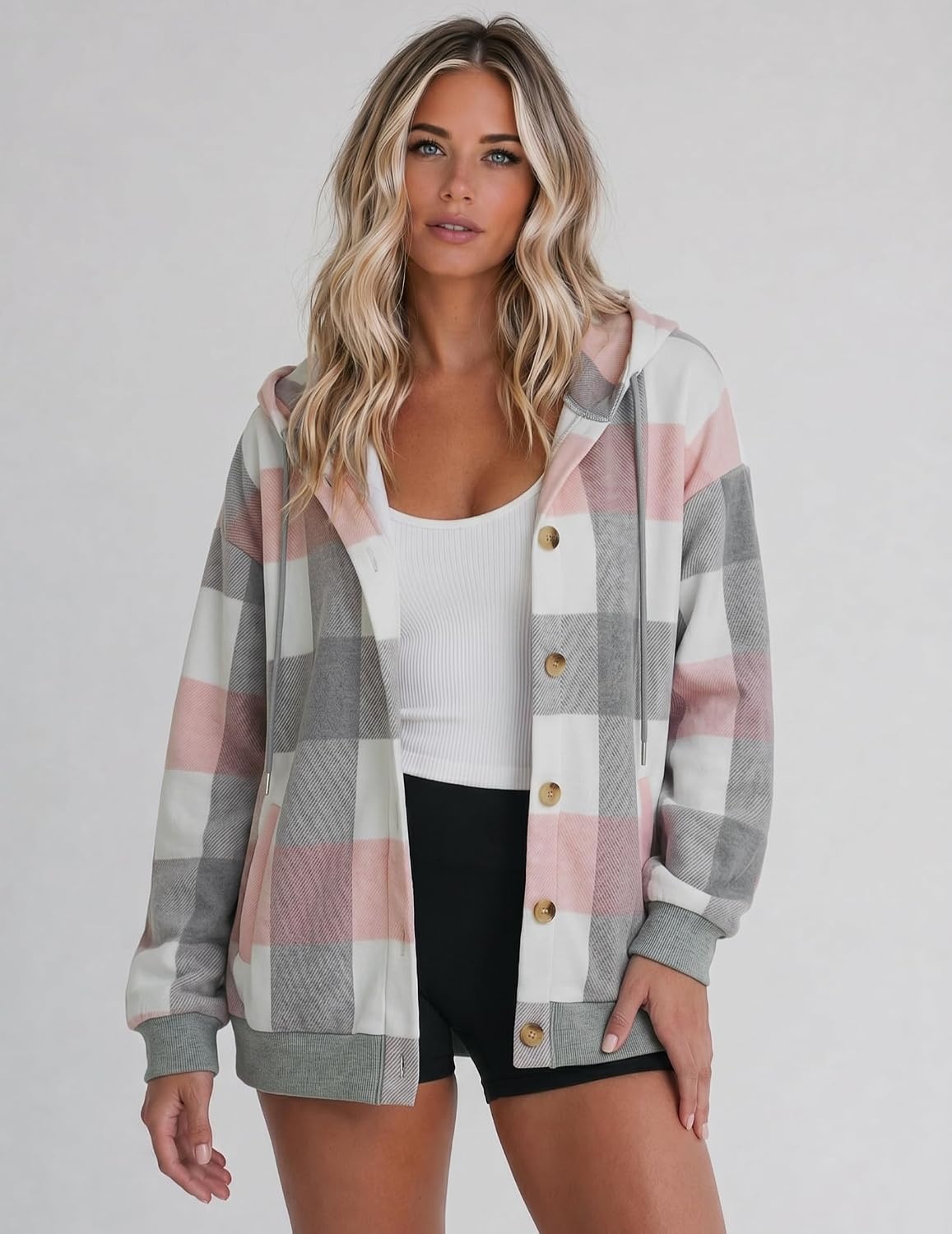 image:imageZeagoo Hoodie for Women Hooded Sweatshirt Button Hoodies With Pockets Comfy Fleece Jackets 2026 Fashion S3XLPink Plaid
