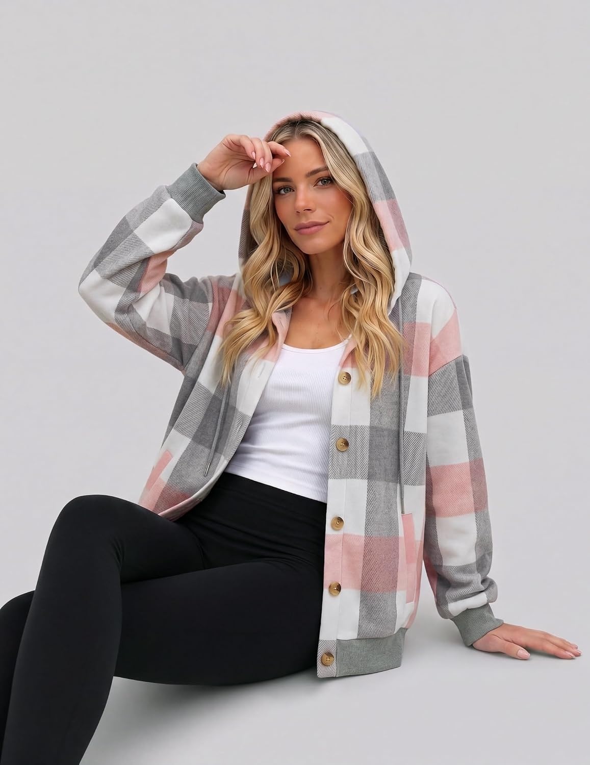 image:imageZeagoo Hoodie for Women Hooded Sweatshirt Button Hoodies With Pockets Comfy Fleece Jackets 2026 Fashion S3XLPink Plaid
