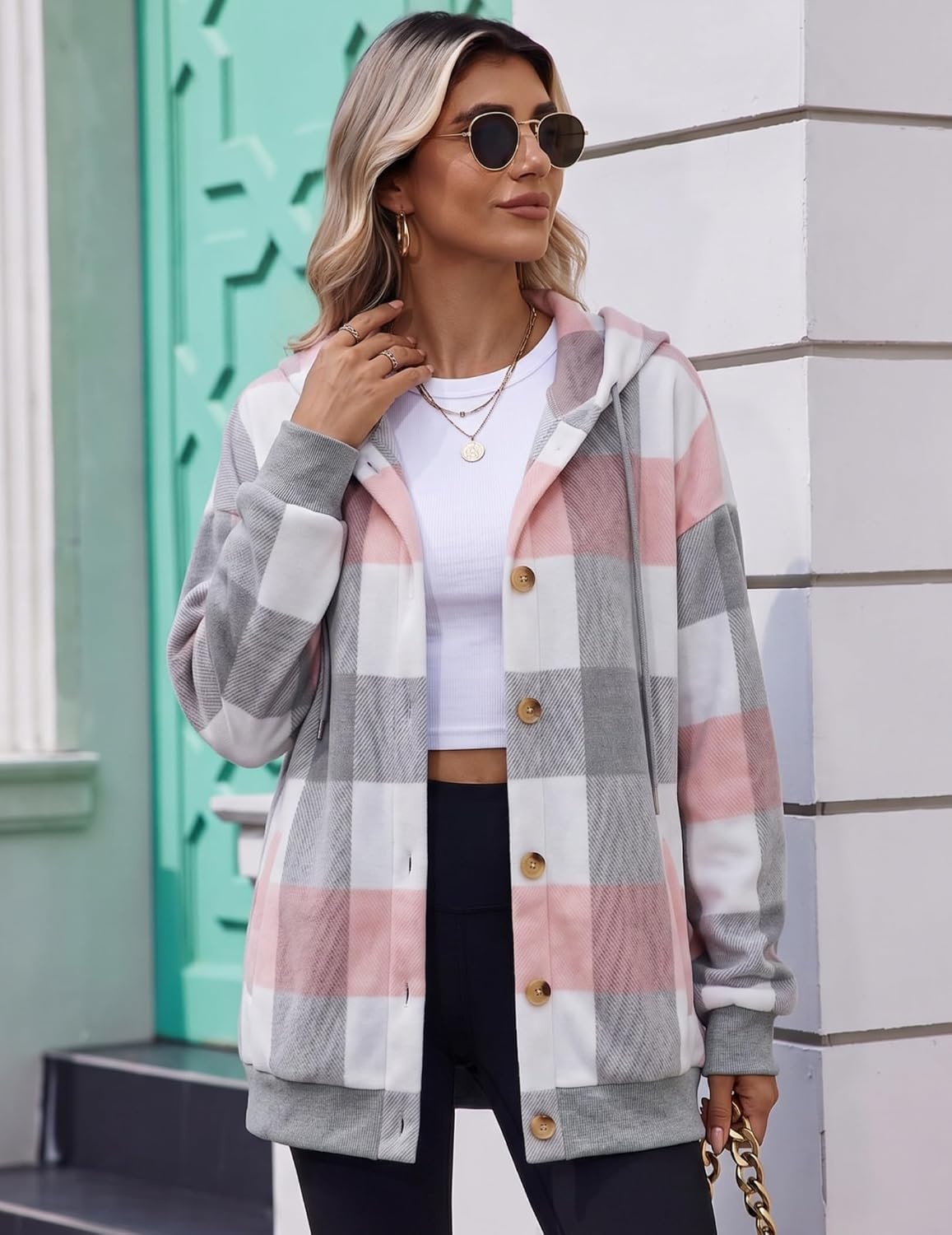 image:imageZeagoo Hoodie for Women Hooded Sweatshirt Button Hoodies With Pockets Comfy Fleece Jackets 2026 Fashion S3XLPink Plaid
