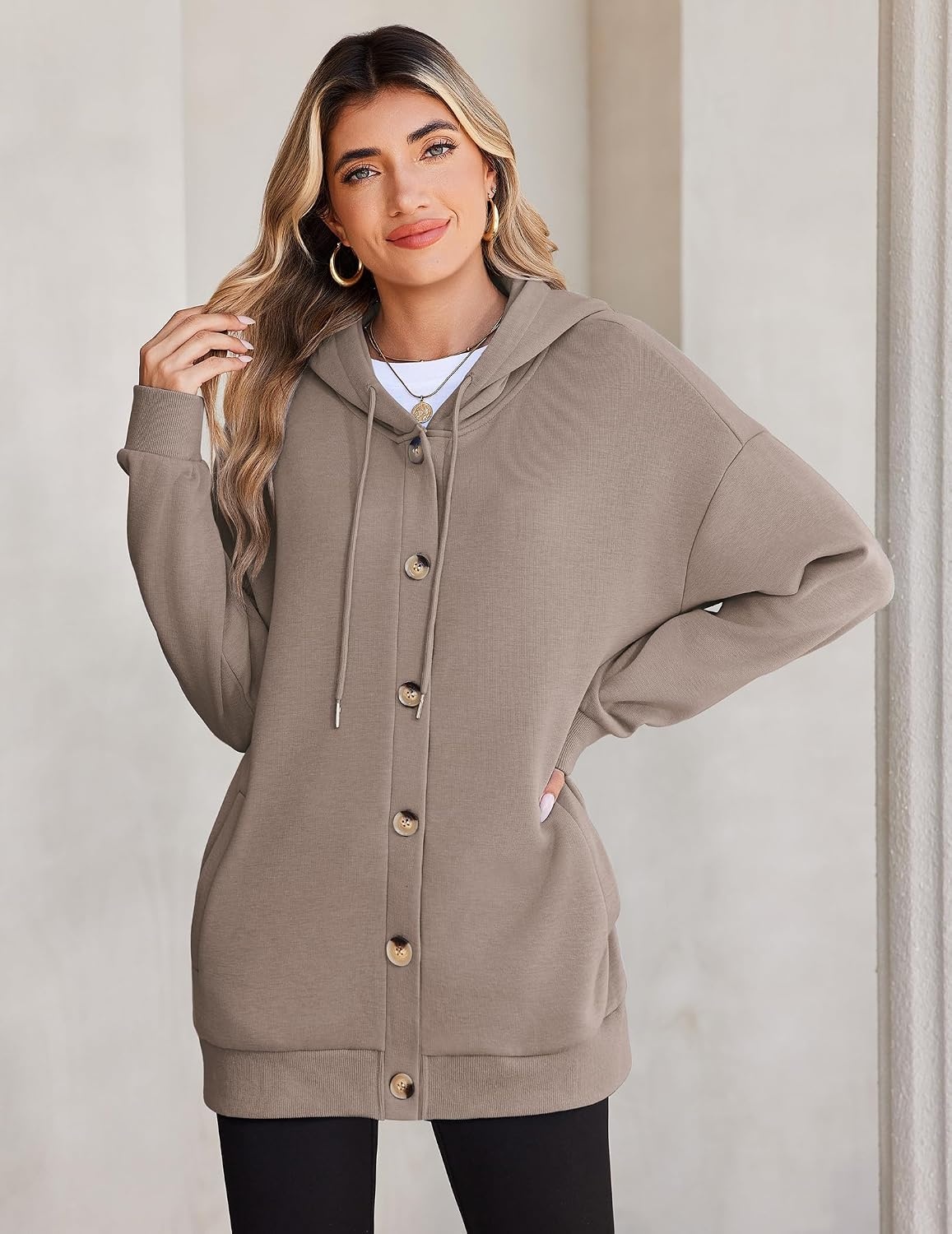 image:imageZeagoo Hoodie for Women Hooded Sweatshirt Button Hoodies With Pockets Comfy Fleece Jackets 2026 Fashion S3XLTea Ash