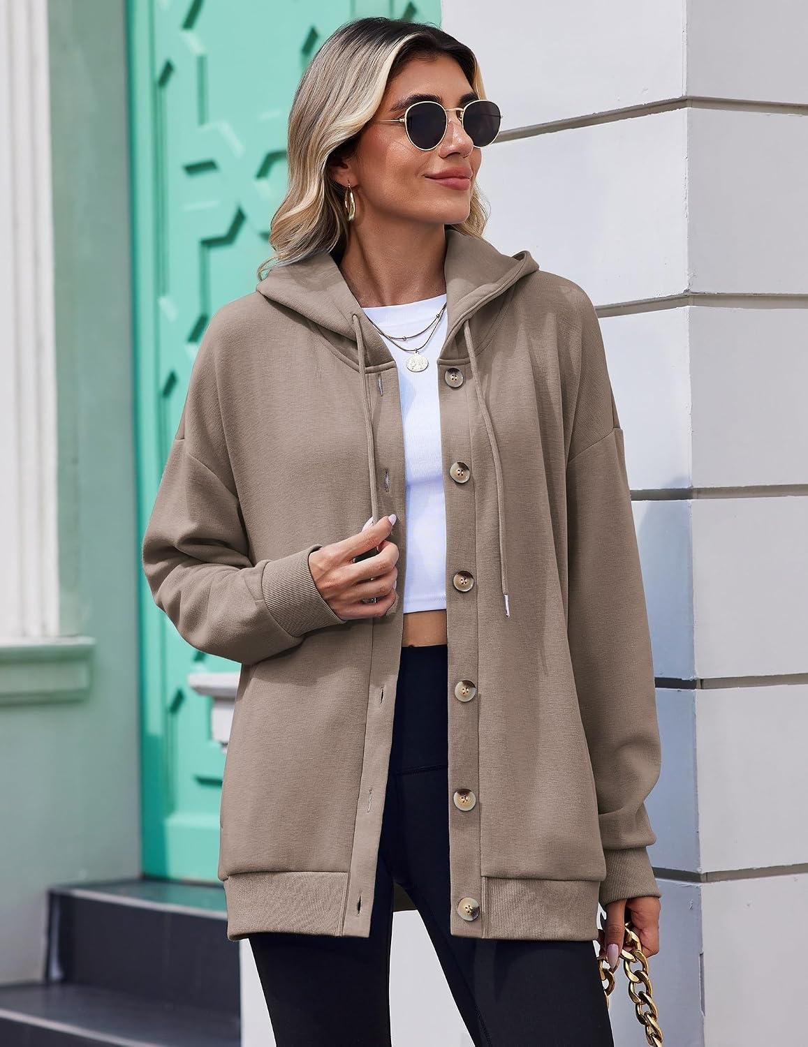 image:imageZeagoo Hoodie for Women Hooded Sweatshirt Button Hoodies With Pockets Comfy Fleece Jackets 2026 Fashion S3XLTea Ash