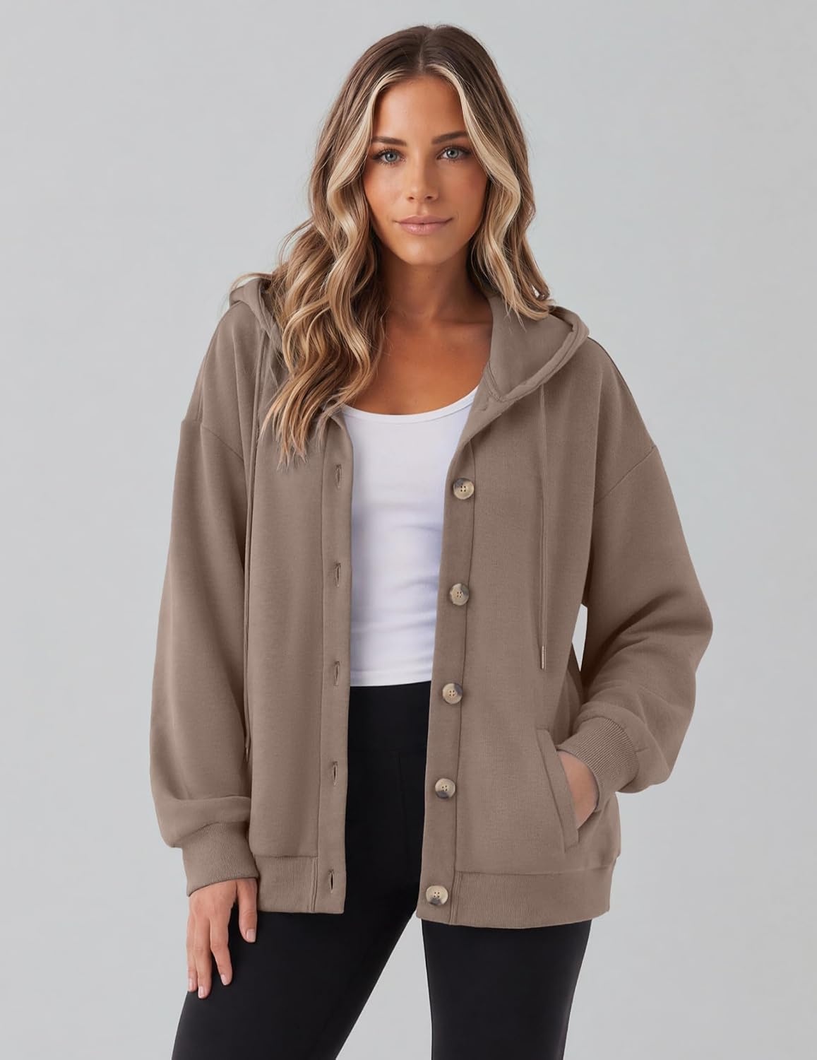 image:imageZeagoo Hoodie for Women Hooded Sweatshirt Button Hoodies With Pockets Comfy Fleece Jackets 2026 Fashion S3XLTea Ash
