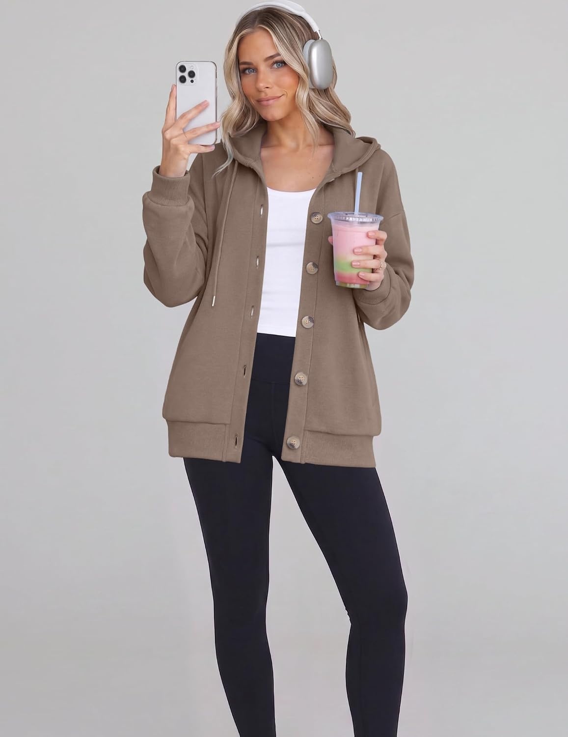 image:imageZeagoo Hoodie for Women Hooded Sweatshirt Button Hoodies With Pockets Comfy Fleece Jackets 2026 Fashion S3XLTea Ash