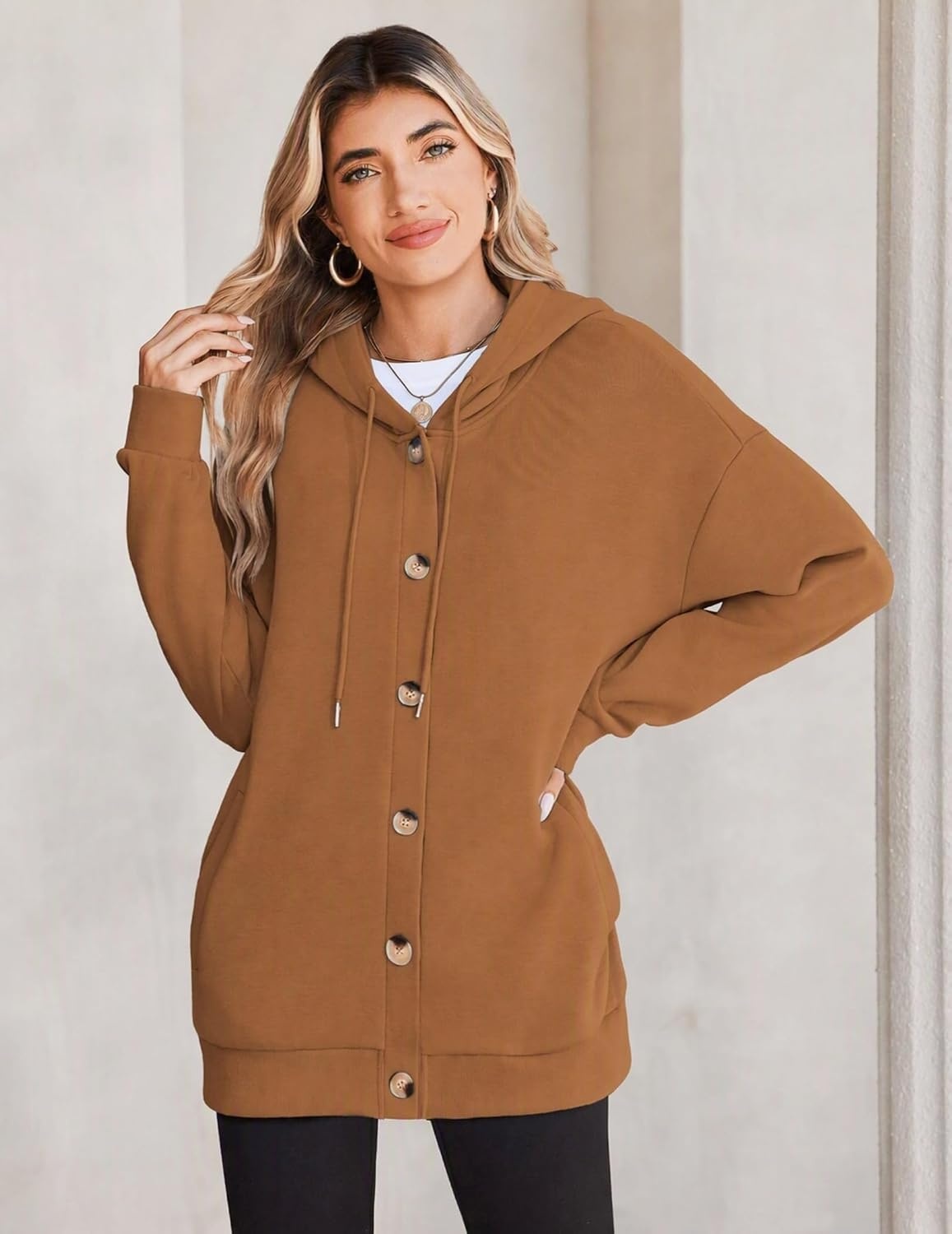 image:imageZeagoo Hoodie for Women Hooded Sweatshirt Button Hoodies With Pockets Comfy Fleece Jackets 2026 Fashion S3XLWalnut Brown