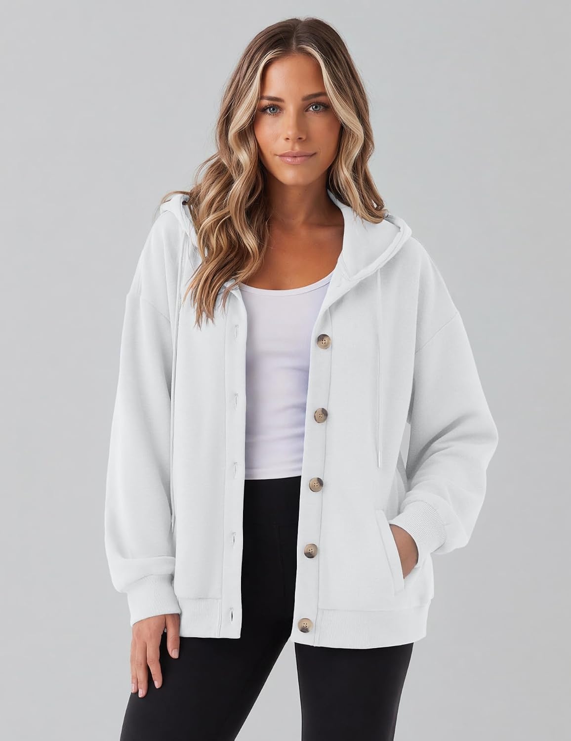 image:imageZeagoo Hoodie for Women Hooded Sweatshirt Button Hoodies With Pockets Comfy Fleece Jackets 2026 Fashion S3XLWhite