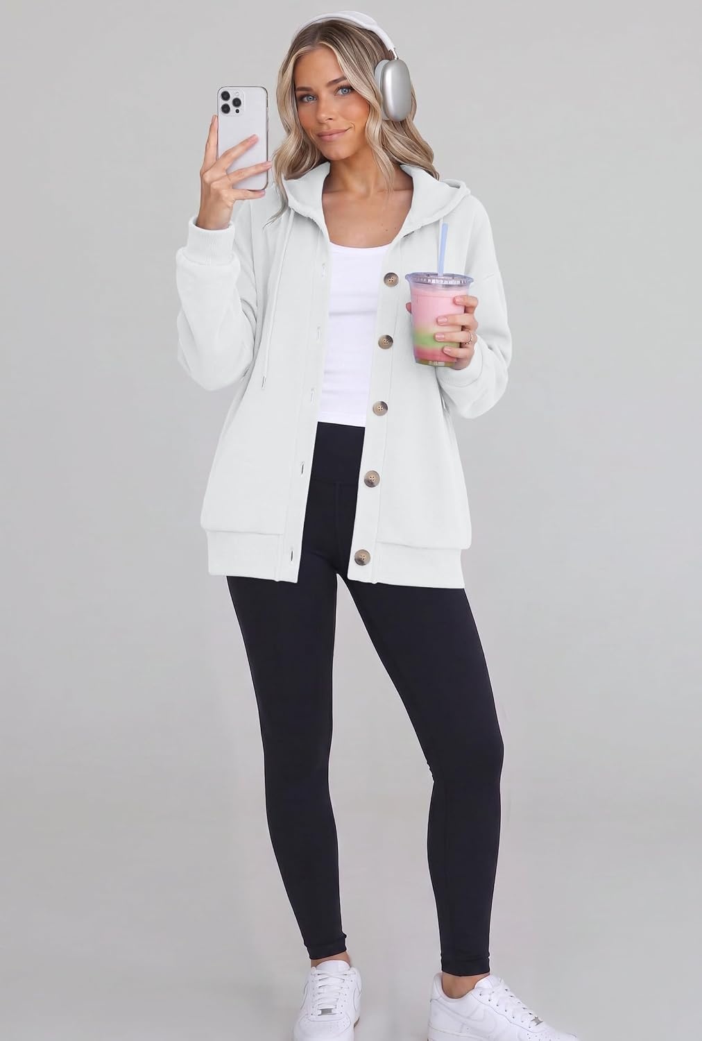 image:imageZeagoo Hoodie for Women Hooded Sweatshirt Button Hoodies With Pockets Comfy Fleece Jackets 2026 Fashion S3XLWhite