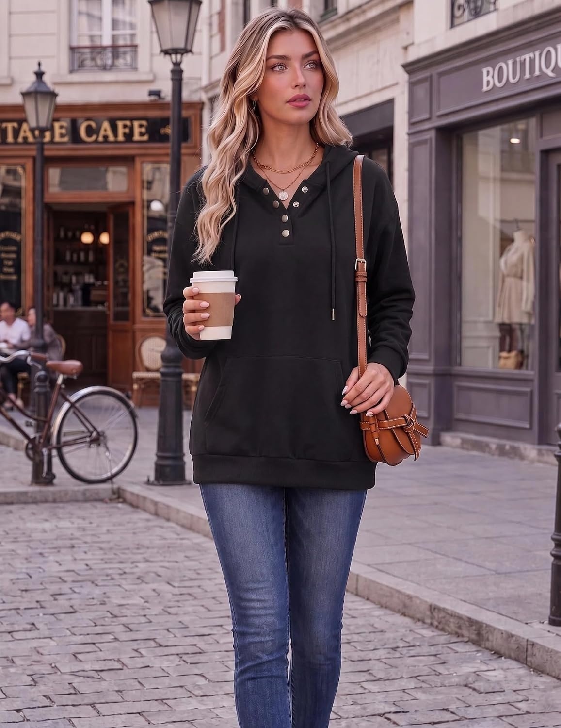 image:imageZeagoo Hoodies for Women Casual Button Sweatshirt Oversized Fall ClothesA01black