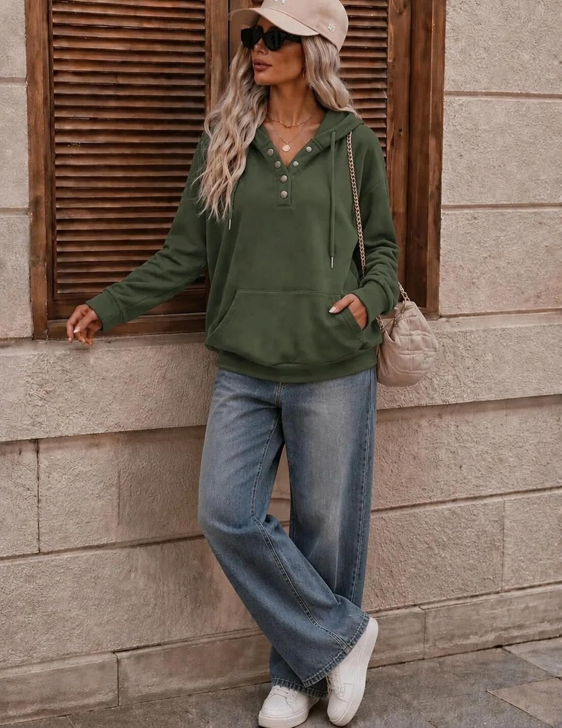 image:imageZeagoo Hoodies for Women Casual Button Sweatshirt Oversized Fall ClothesArmy Green