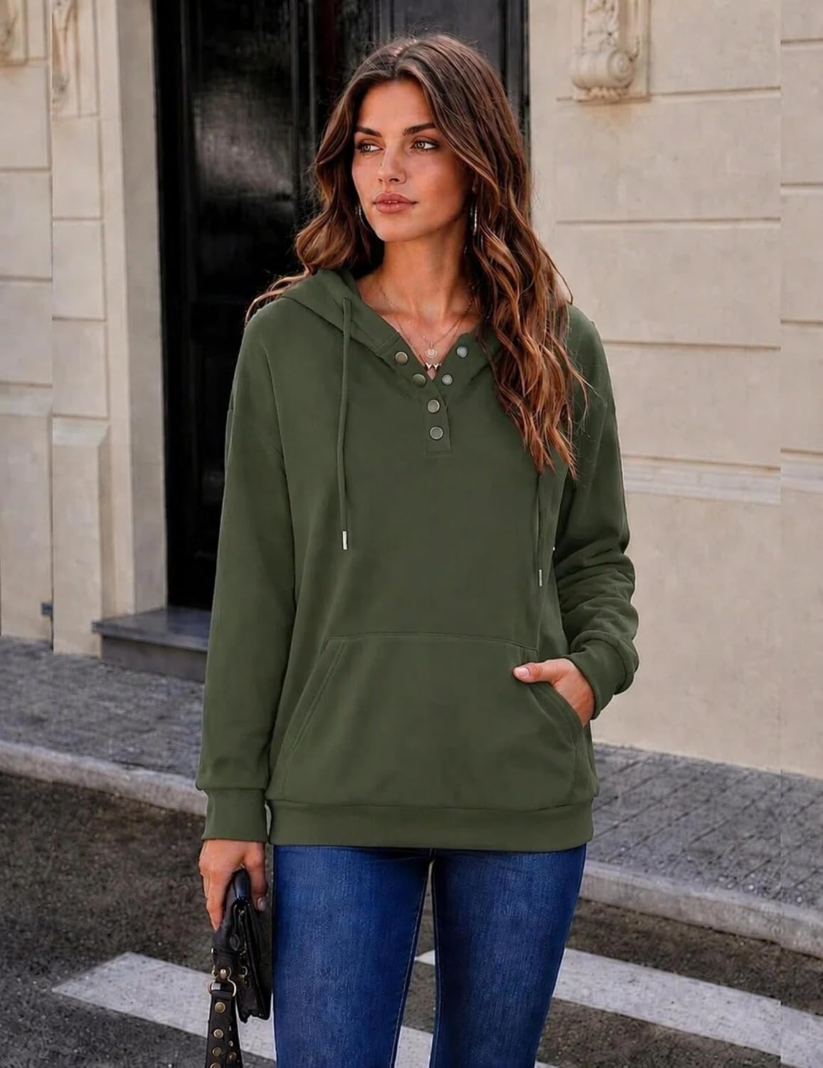 image:imageZeagoo Hoodies for Women Casual Button Sweatshirt Oversized Fall ClothesArmy Green