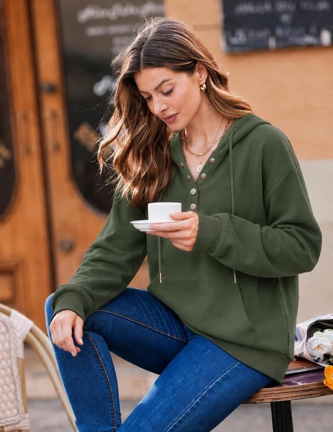 image:imageZeagoo Hoodies for Women Casual Button Sweatshirt Oversized Fall ClothesArmy Green