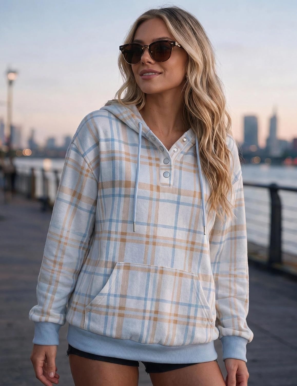 image:imageZeagoo Hoodies for Women Casual Button Sweatshirt Oversized Fall ClothesBlue Plaid