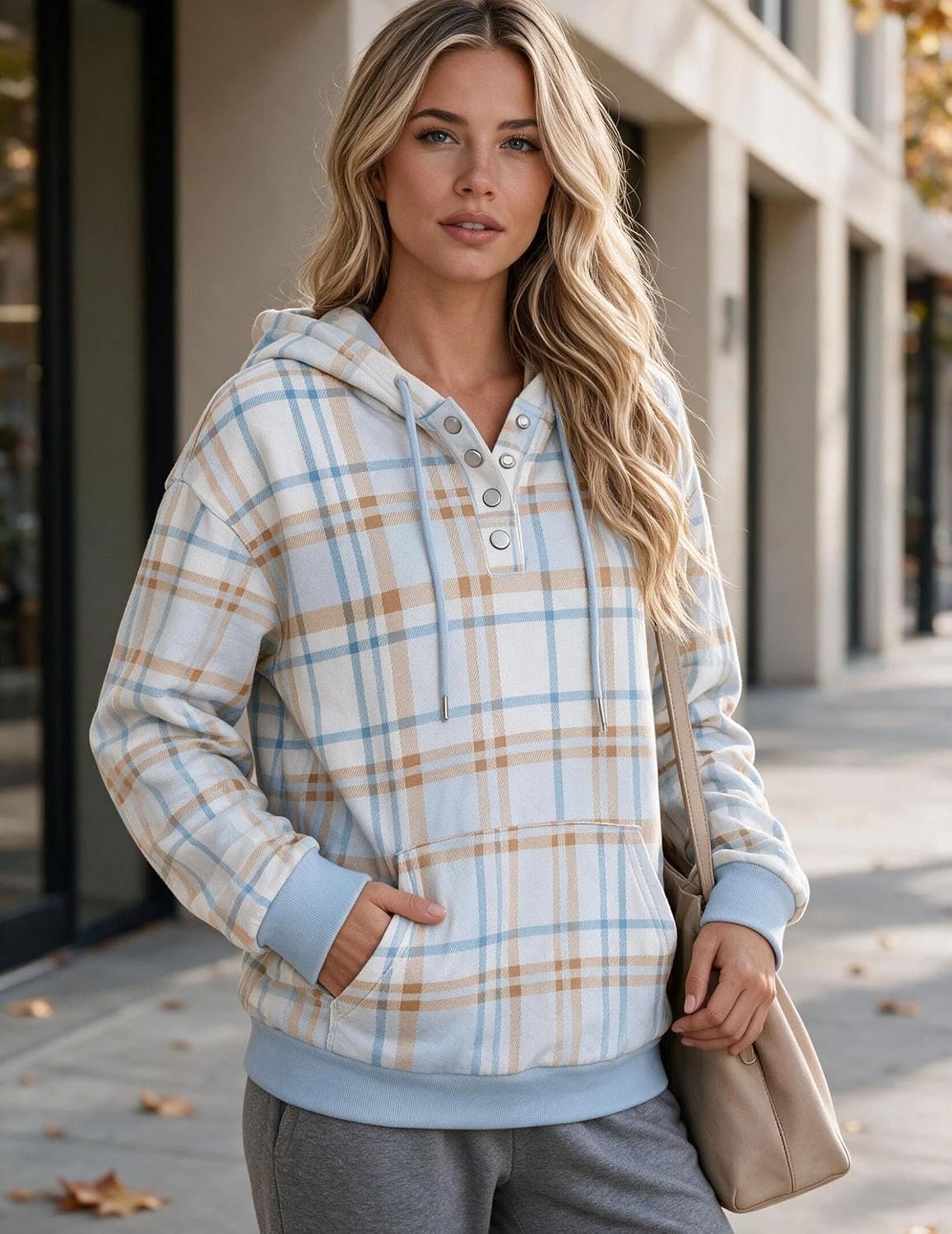 image:imageZeagoo Hoodies for Women Casual Button Sweatshirt Oversized Fall ClothesBlue Plaid