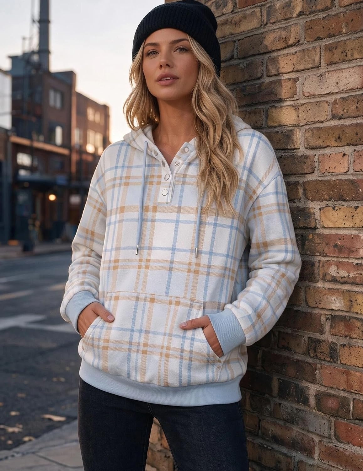 image:imageZeagoo Hoodies for Women Casual Button Sweatshirt Oversized Fall ClothesBlue Plaid