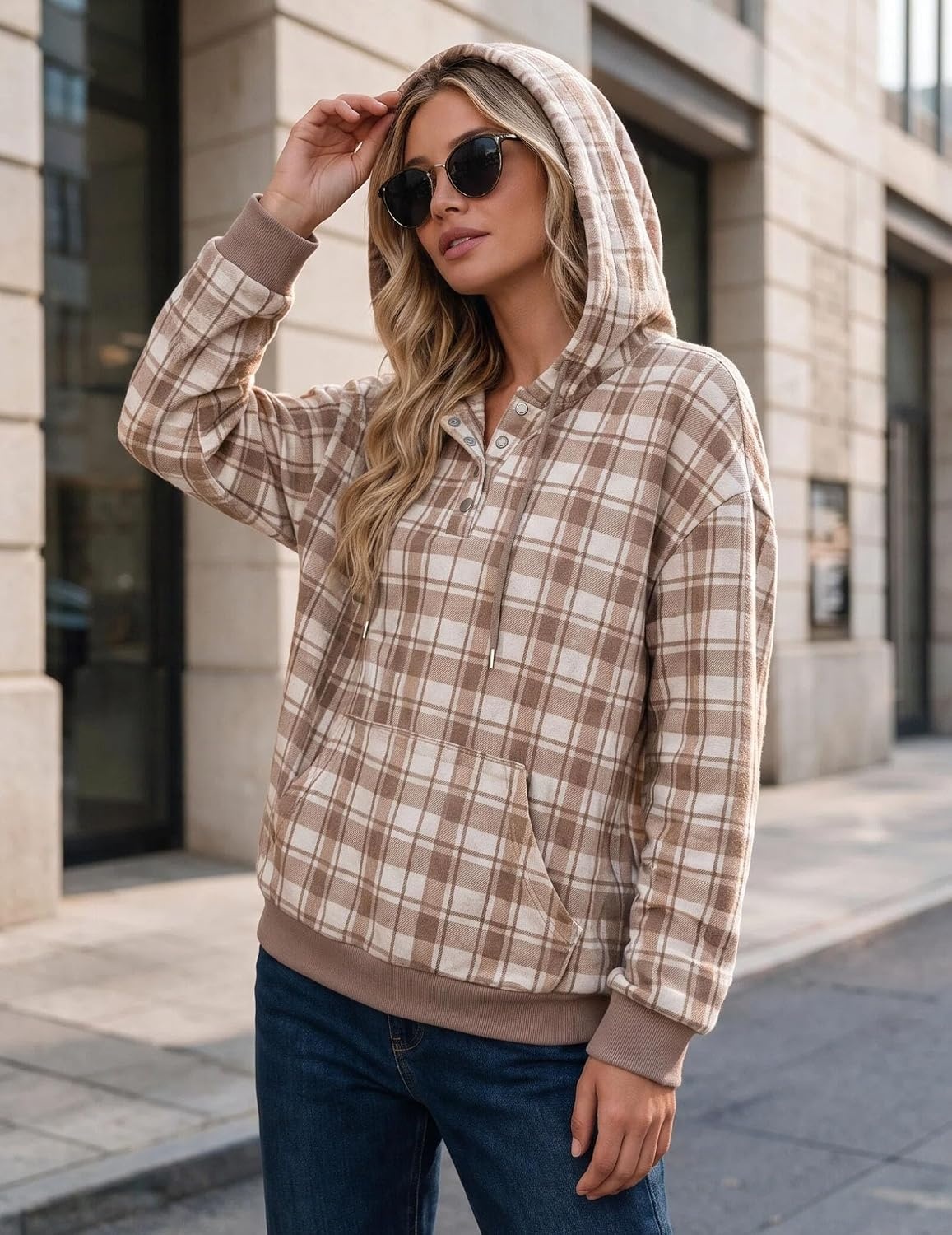 image:imageZeagoo Hoodies for Women Casual Button Sweatshirt Oversized Fall ClothesBrown Plaid