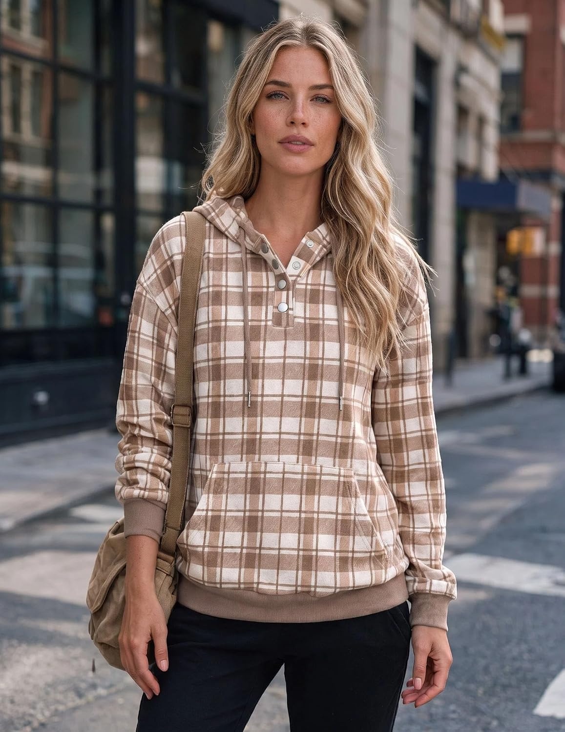 image:imageZeagoo Hoodies for Women Casual Button Sweatshirt Oversized Fall ClothesBrown Plaid