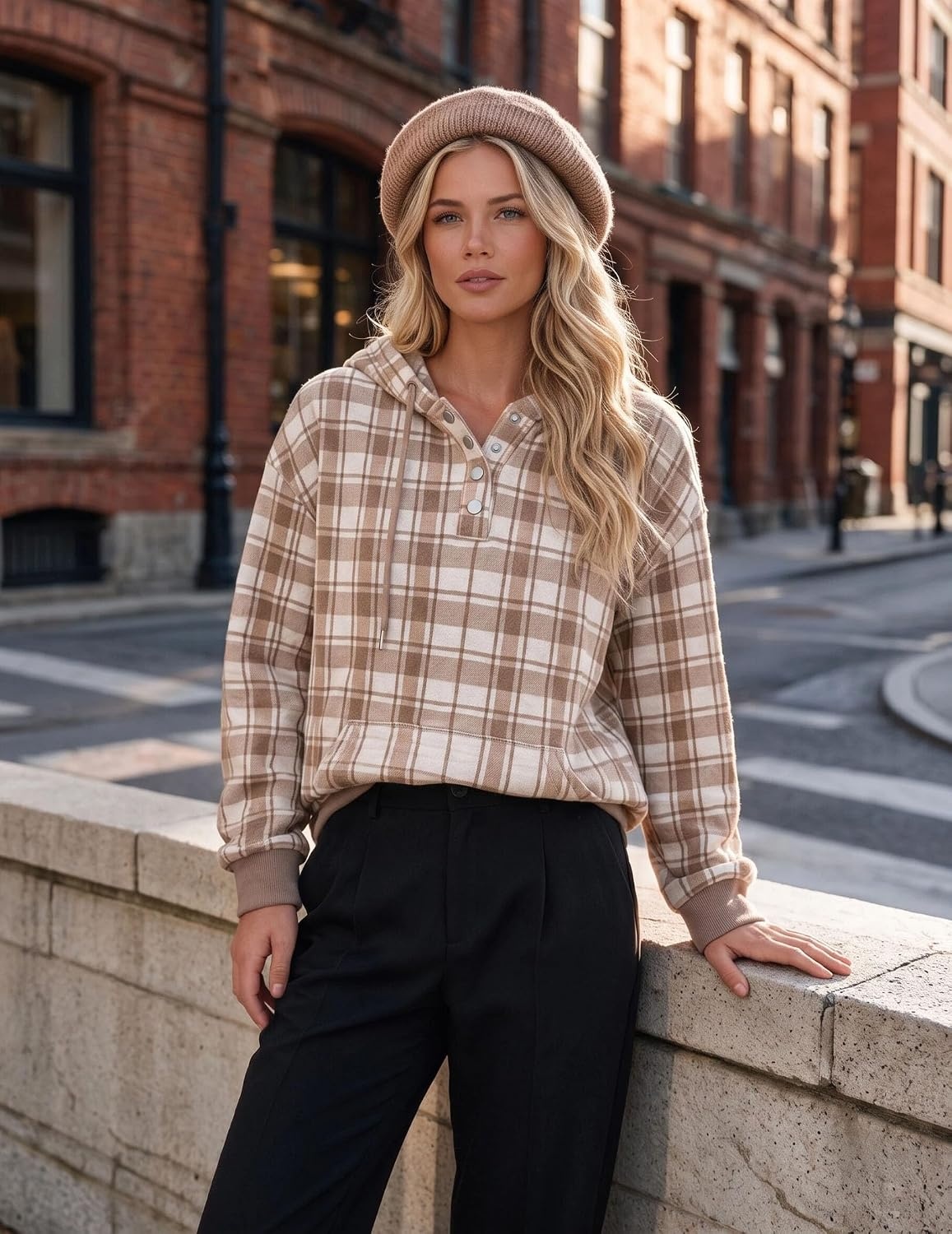 image:imageZeagoo Hoodies for Women Casual Button Sweatshirt Oversized Fall ClothesBrown Plaid