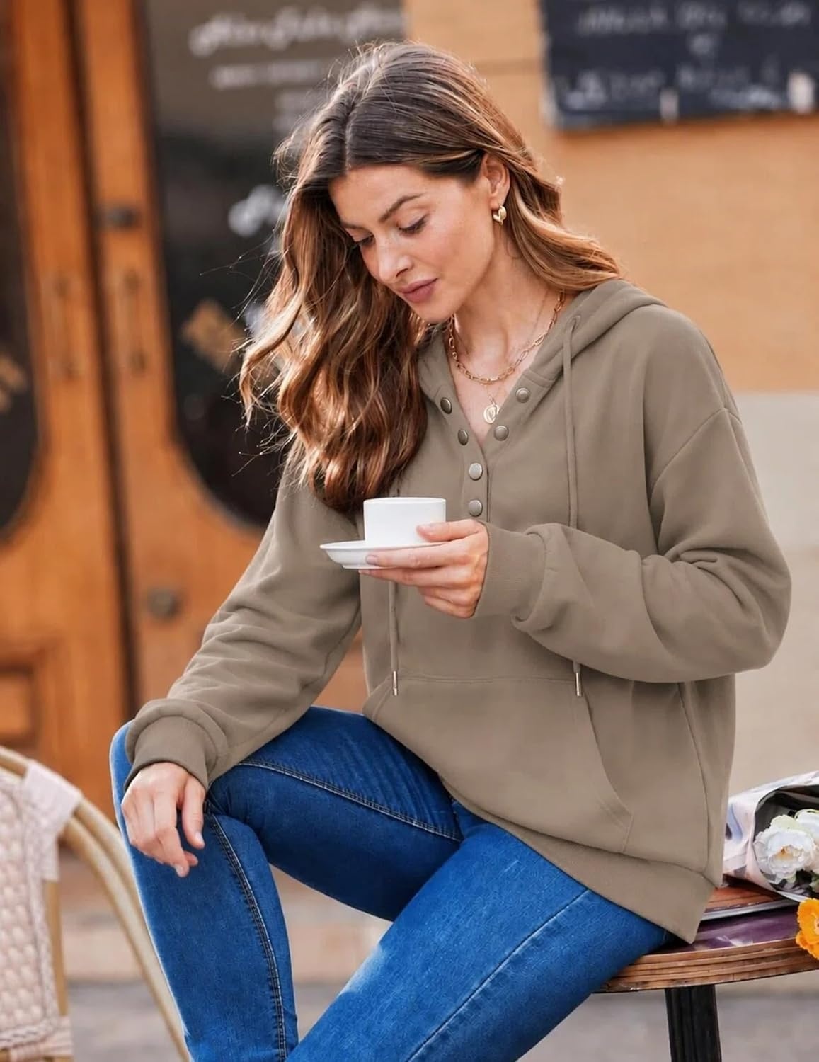 image:imageZeagoo Hoodies for Women Casual Button Sweatshirt Oversized Fall ClothesCoffee Grey