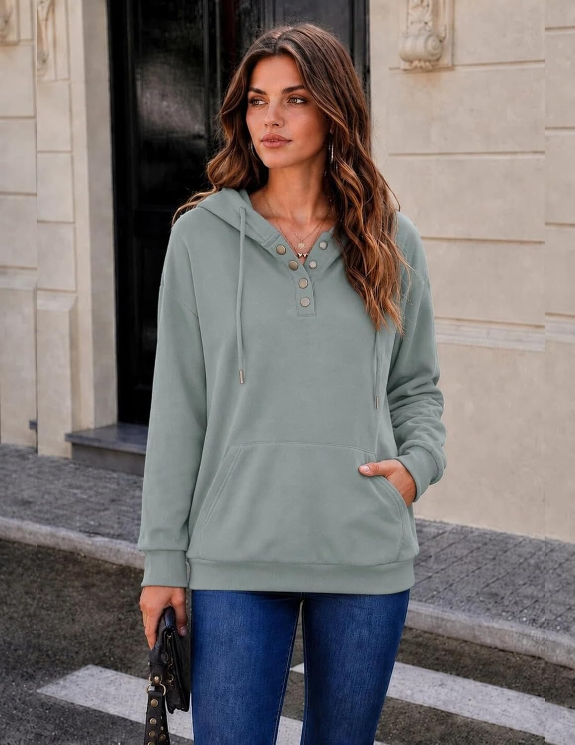 image:imageZeagoo Hoodies for Women Casual Button Sweatshirt Oversized Fall ClothesGray Green