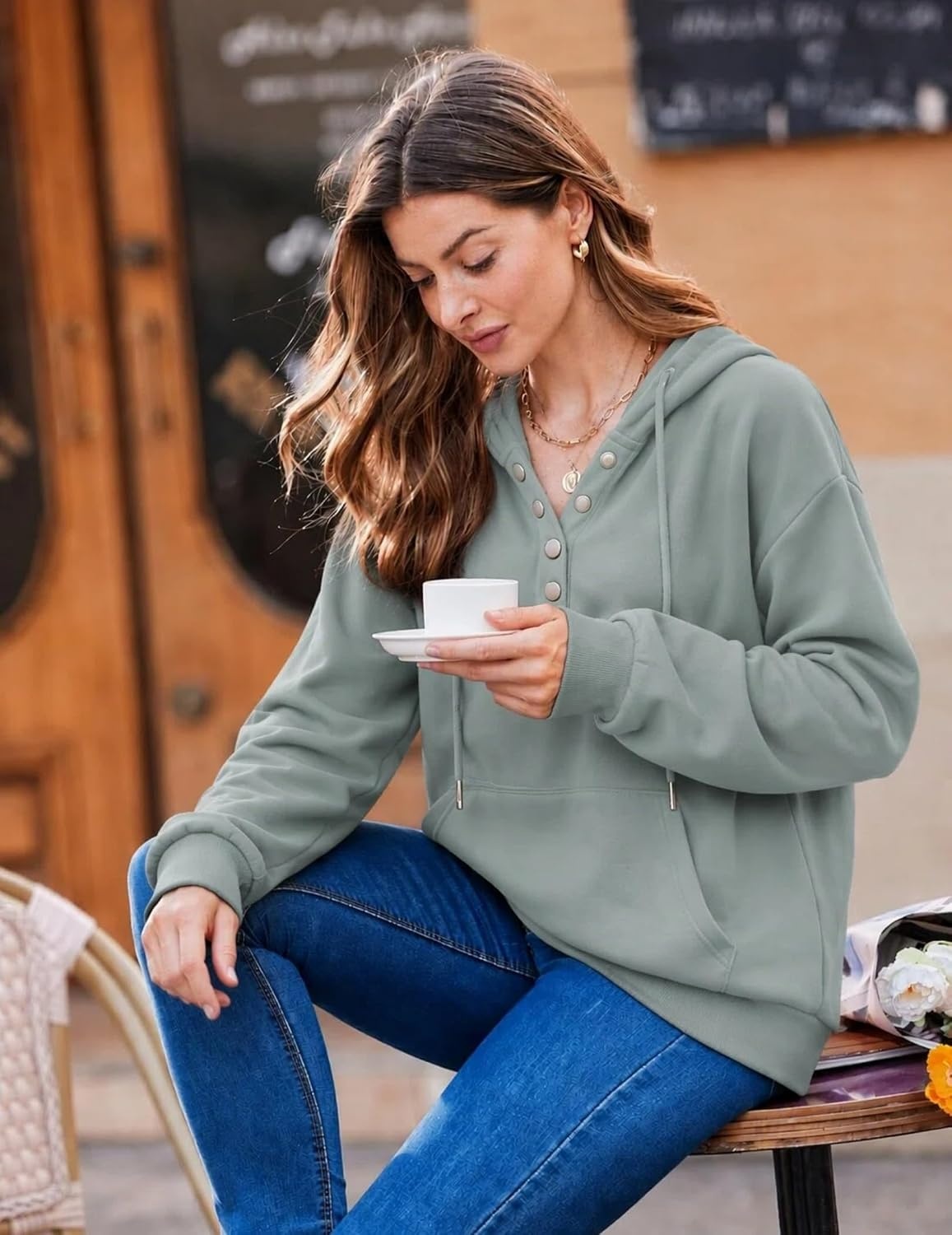 image:imageZeagoo Hoodies for Women Casual Button Sweatshirt Oversized Fall ClothesGray Green