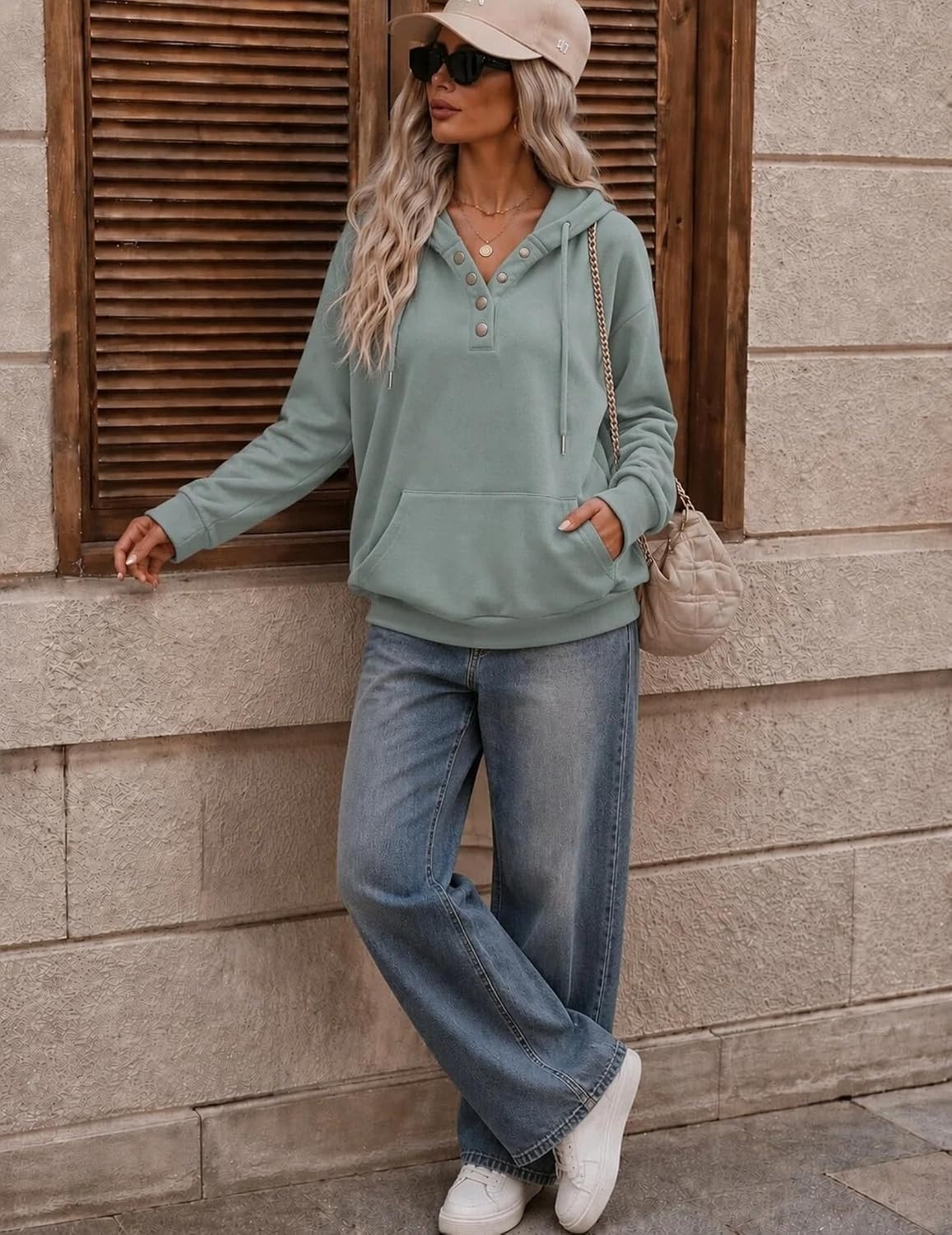 image:imageZeagoo Hoodies for Women Casual Button Sweatshirt Oversized Fall ClothesGray Green