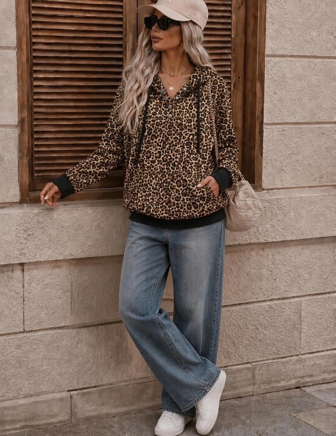 image:imageZeagoo Hoodies for Women Casual Button Sweatshirt Oversized Fall ClothesLeopard Print