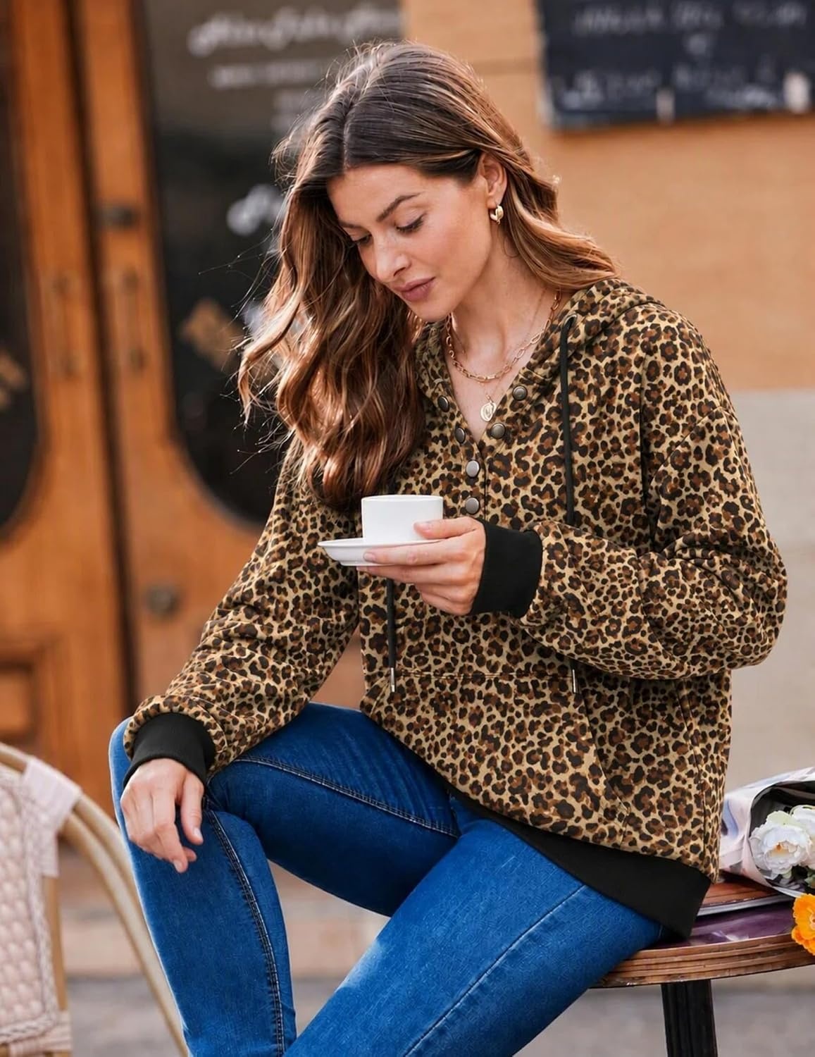 image:imageZeagoo Hoodies for Women Casual Button Sweatshirt Oversized Fall ClothesLeopard Print