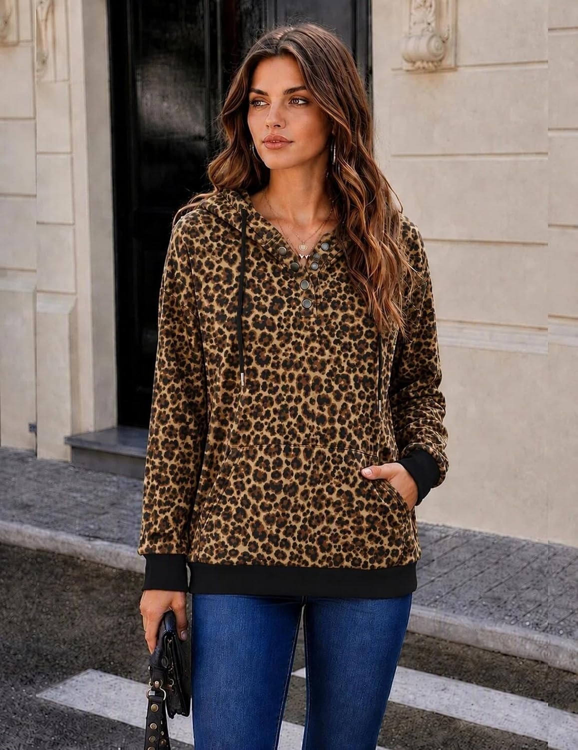 image:imageZeagoo Hoodies for Women Casual Button Sweatshirt Oversized Fall ClothesLeopard Print
