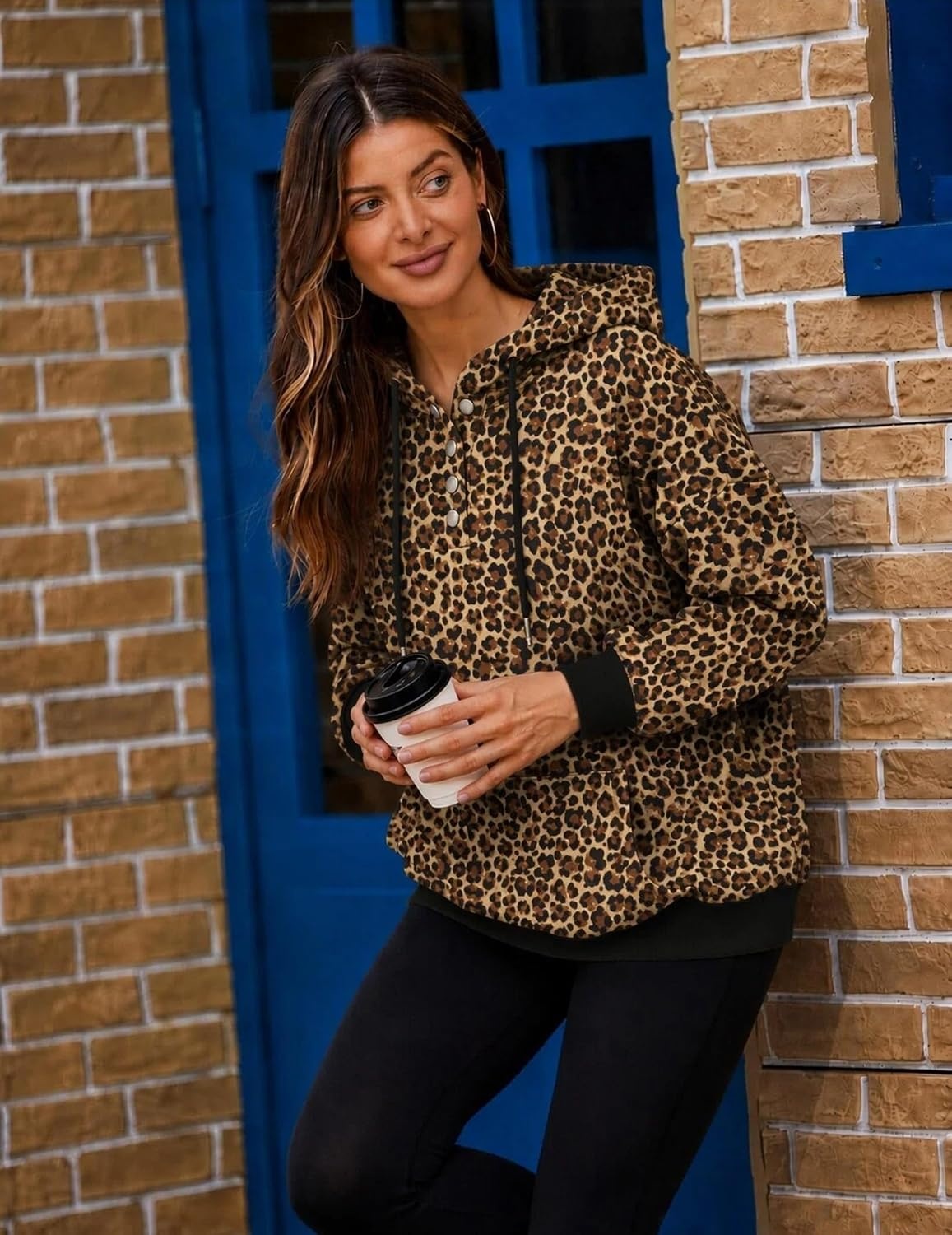 image:imageZeagoo Hoodies for Women Casual Button Sweatshirt Oversized Fall ClothesLeopard Print