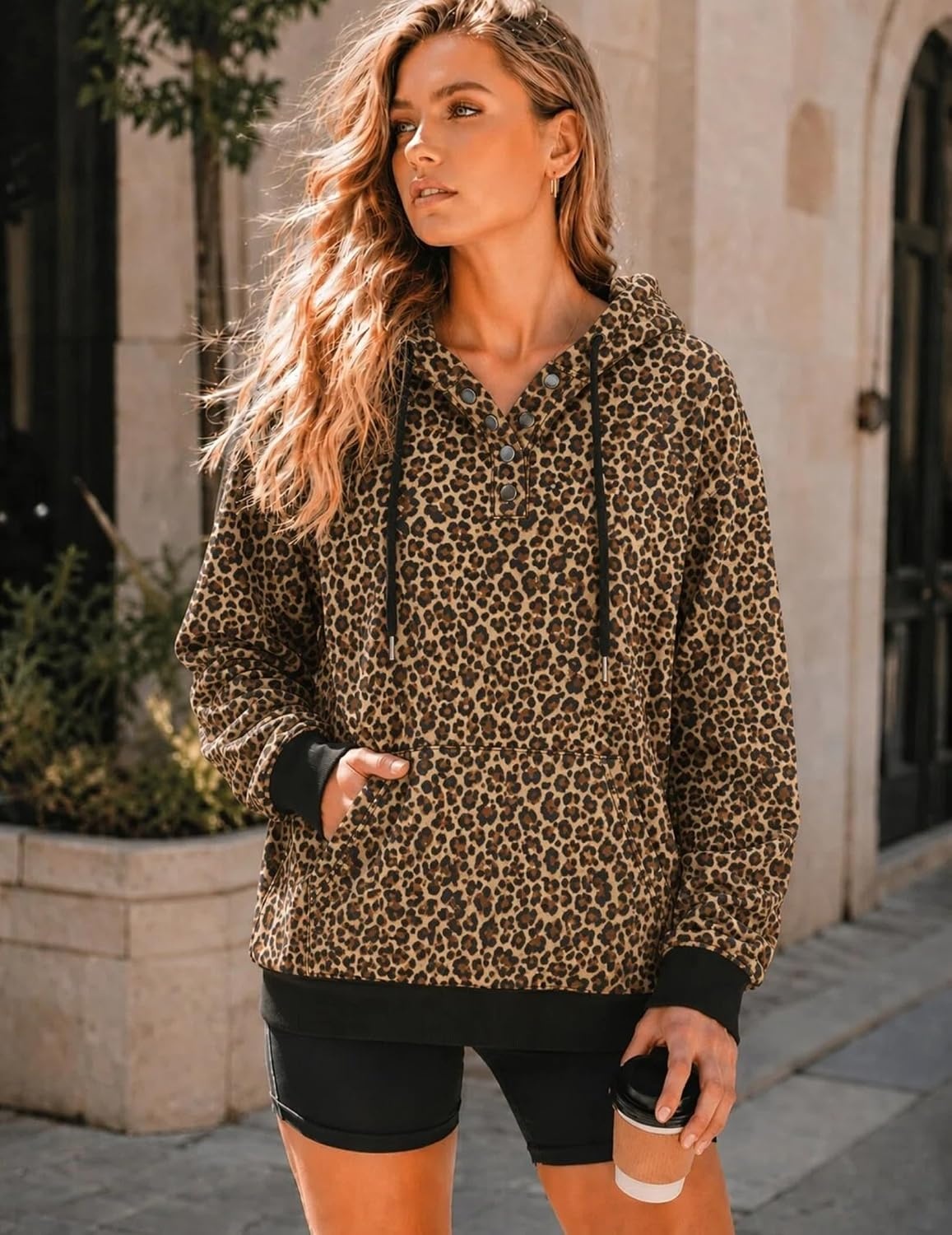 image:imageZeagoo Hoodies for Women Casual Button Sweatshirt Oversized Fall ClothesLeopard Print