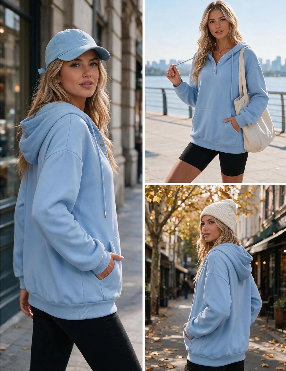 image:imageZeagoo Hoodies for Women Casual Button Sweatshirt Oversized Fall ClothesLight Blue
