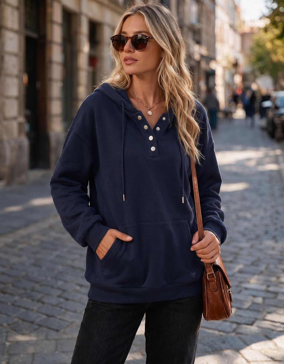 image:imageZeagoo Hoodies for Women Casual Button Sweatshirt Oversized Fall ClothesNavy