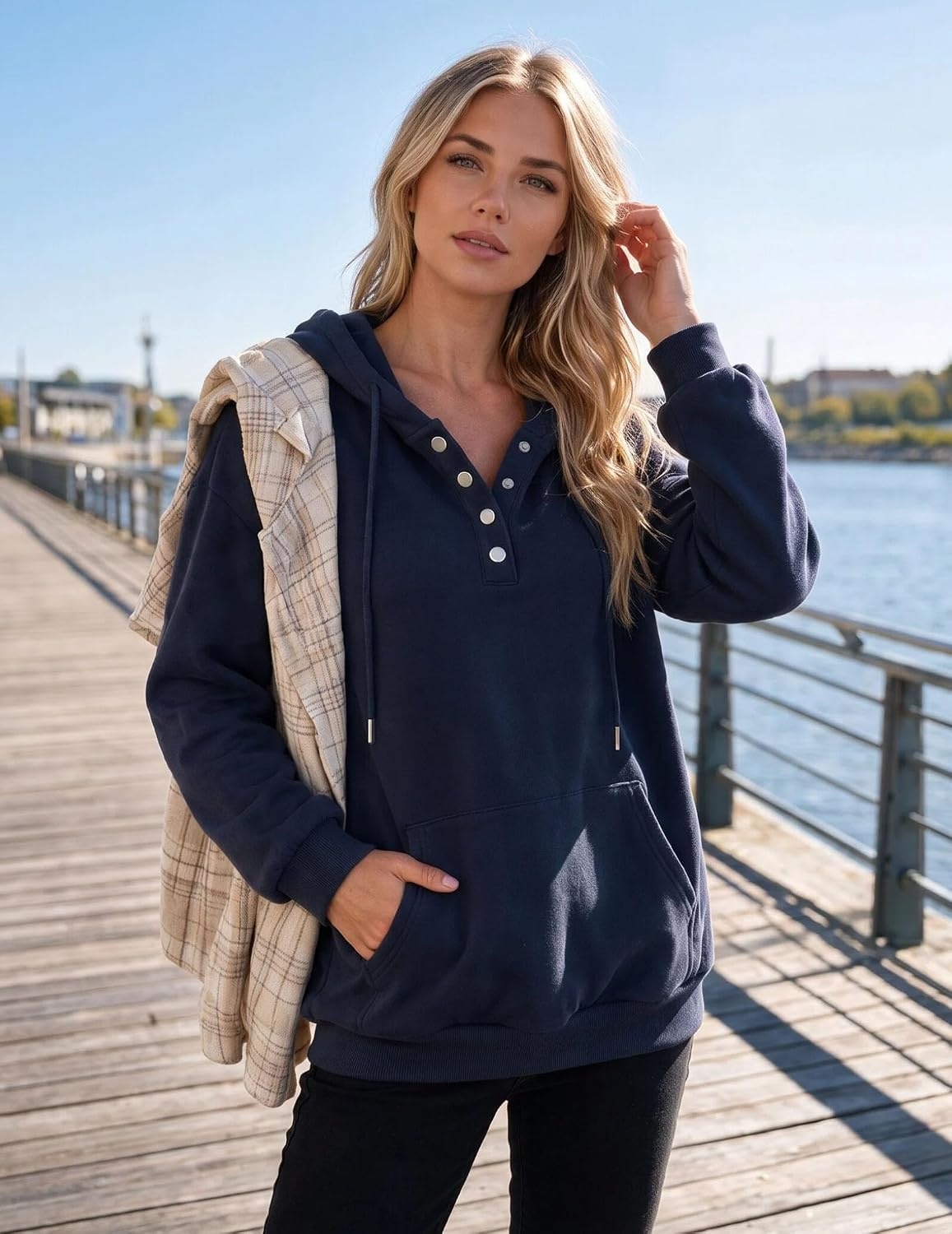 image:imageZeagoo Hoodies for Women Casual Button Sweatshirt Oversized Fall ClothesNavy