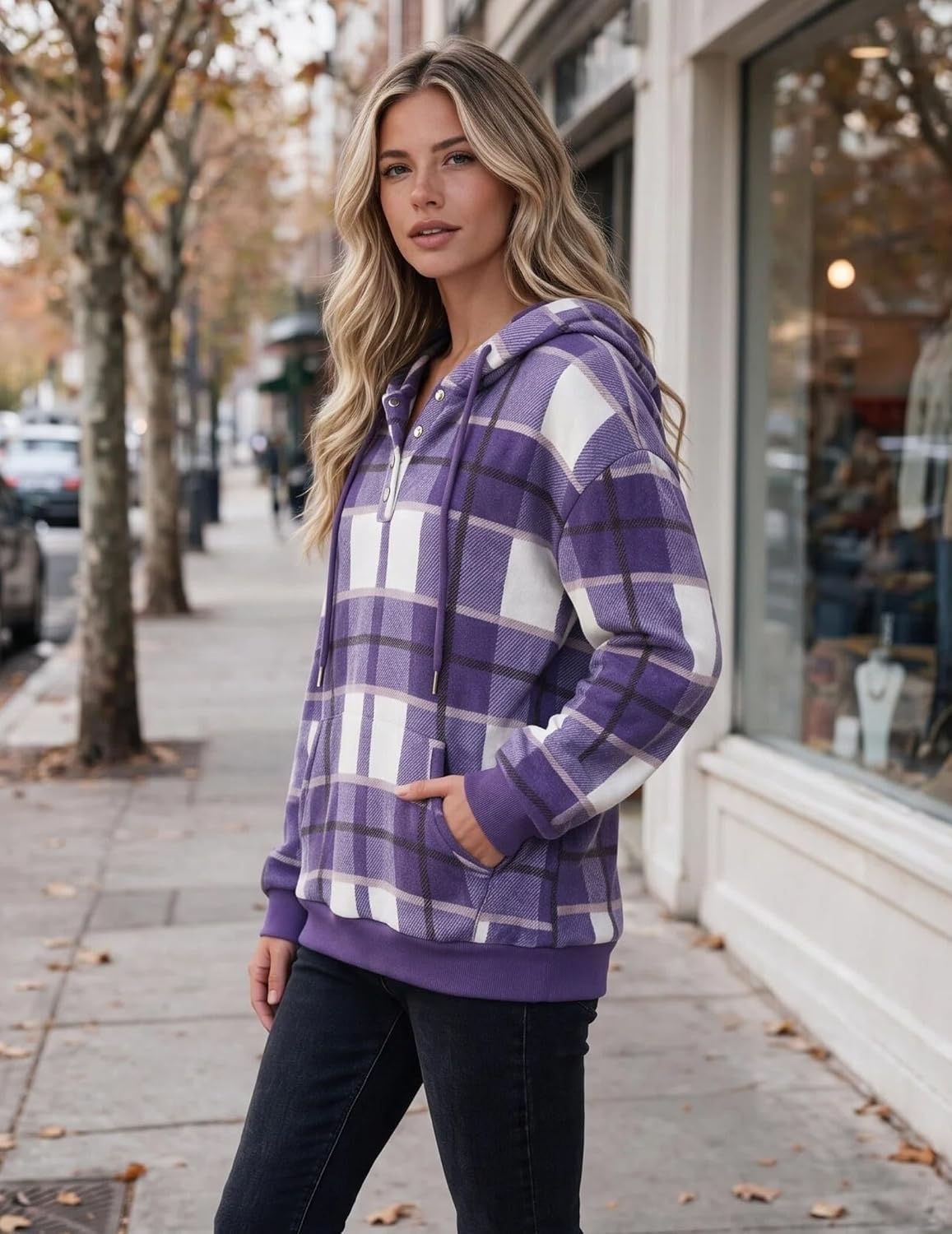 image:imageZeagoo Hoodies for Women Casual Button Sweatshirt Oversized Fall ClothesPurple Plaid