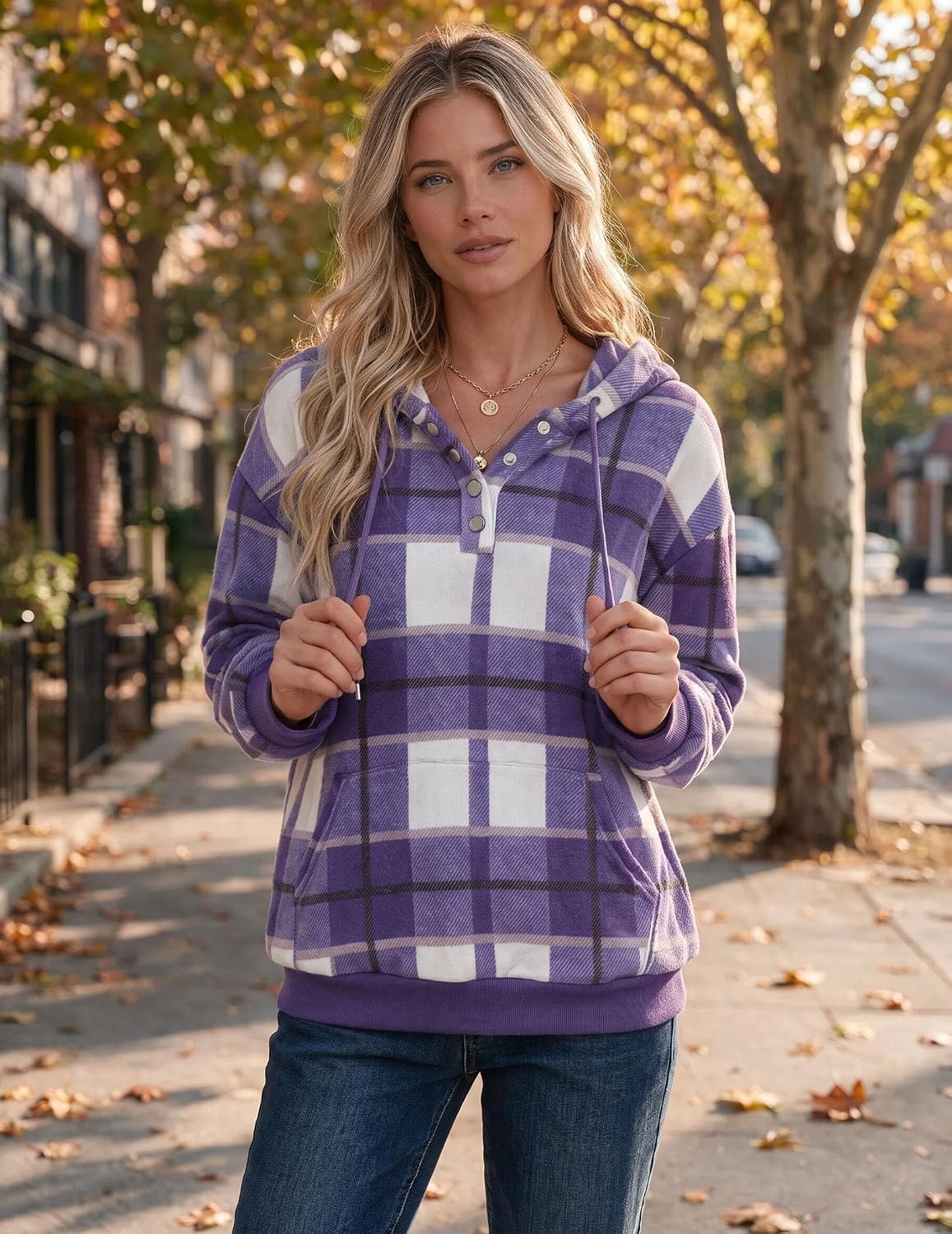 image:imageZeagoo Hoodies for Women Casual Button Sweatshirt Oversized Fall ClothesPurple Plaid