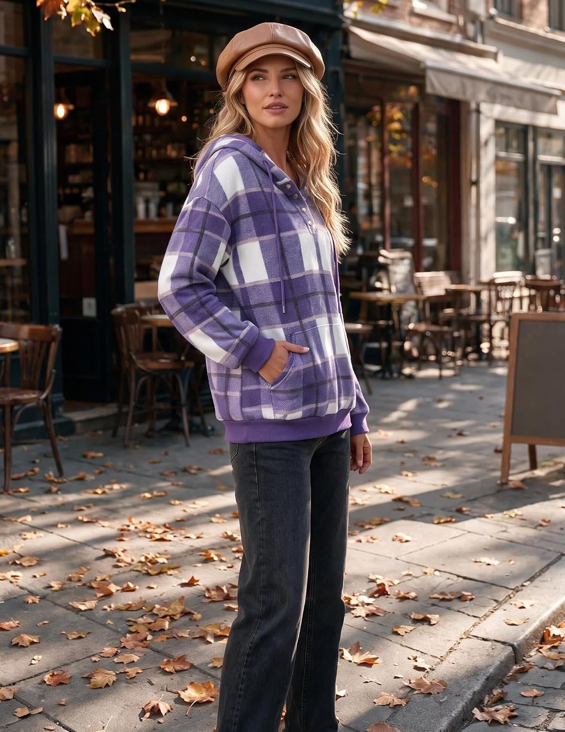 image:imageZeagoo Hoodies for Women Casual Button Sweatshirt Oversized Fall ClothesPurple Plaid