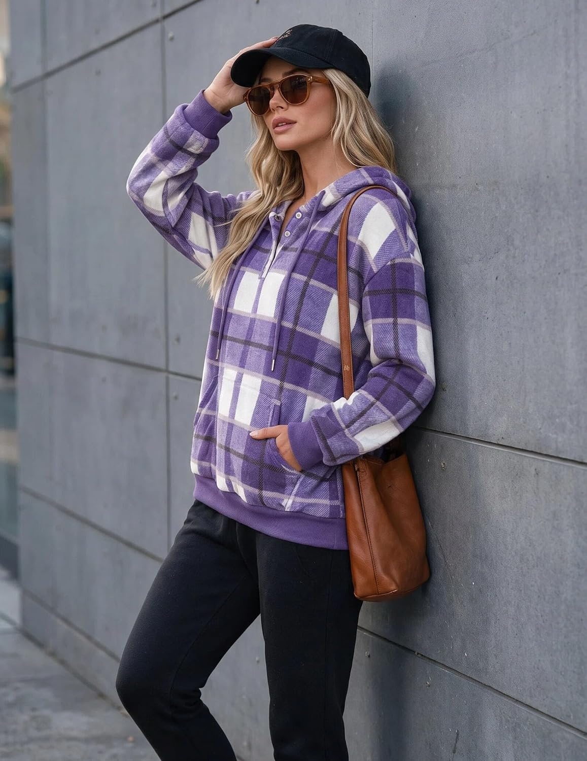 image:imageZeagoo Hoodies for Women Casual Button Sweatshirt Oversized Fall ClothesPurple Plaid