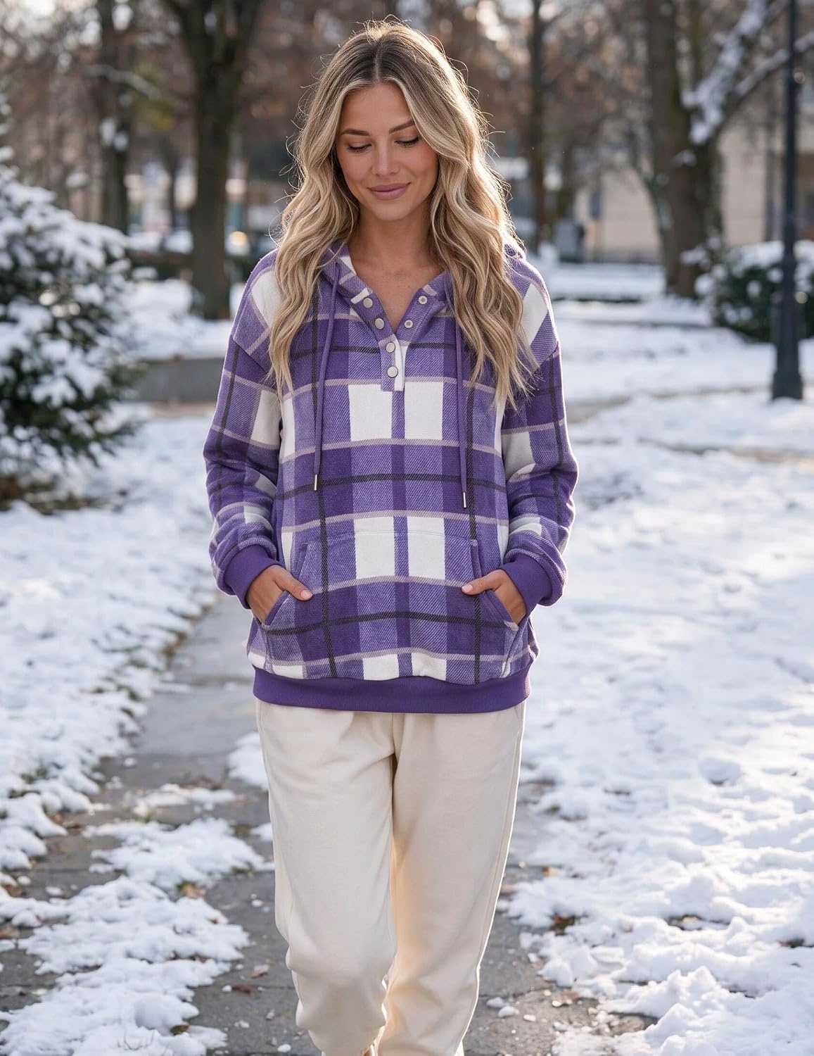 image:imageZeagoo Hoodies for Women Casual Button Sweatshirt Oversized Fall ClothesPurple Plaid