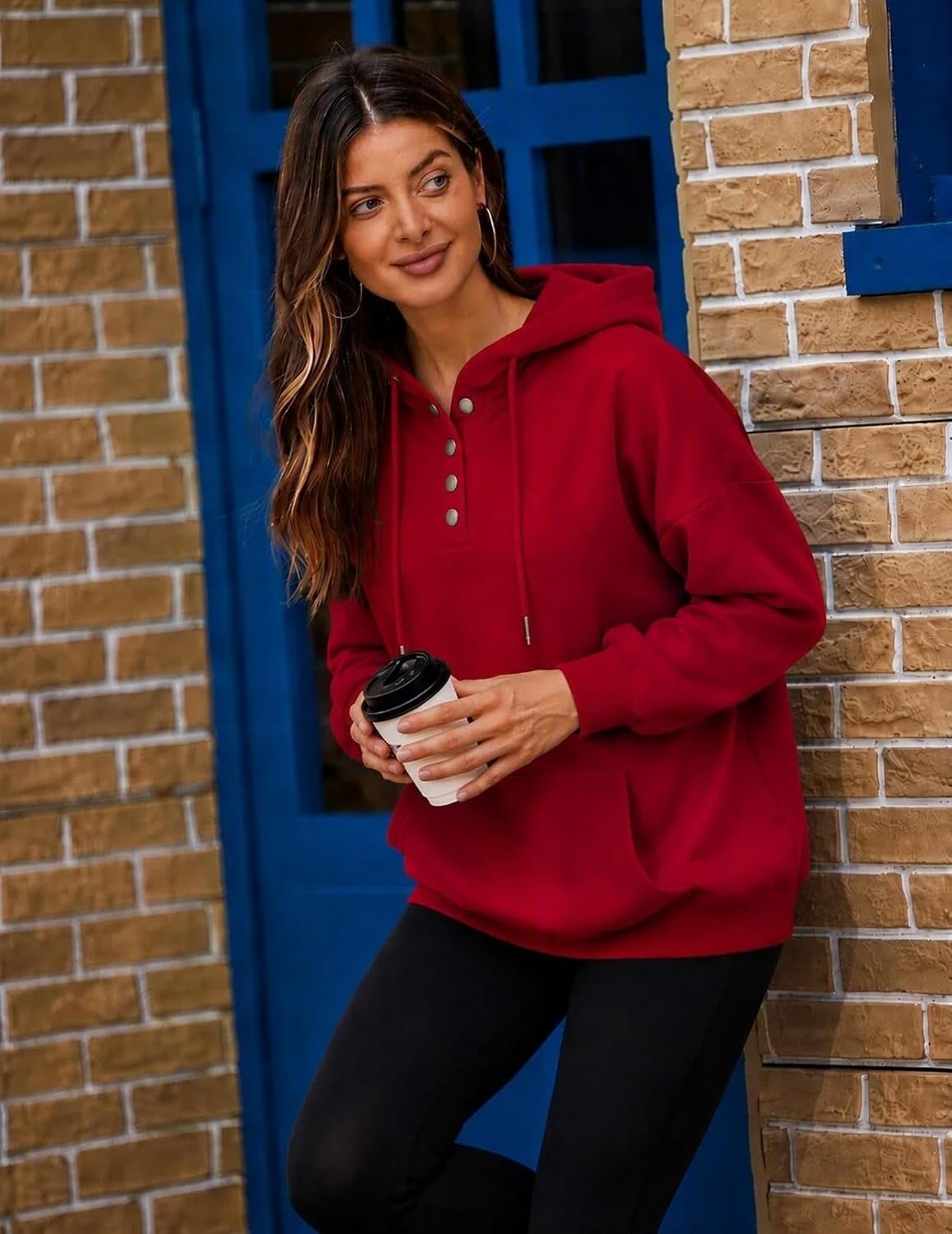 image:imageZeagoo Hoodies for Women Casual Button Sweatshirt Oversized Fall ClothesRed