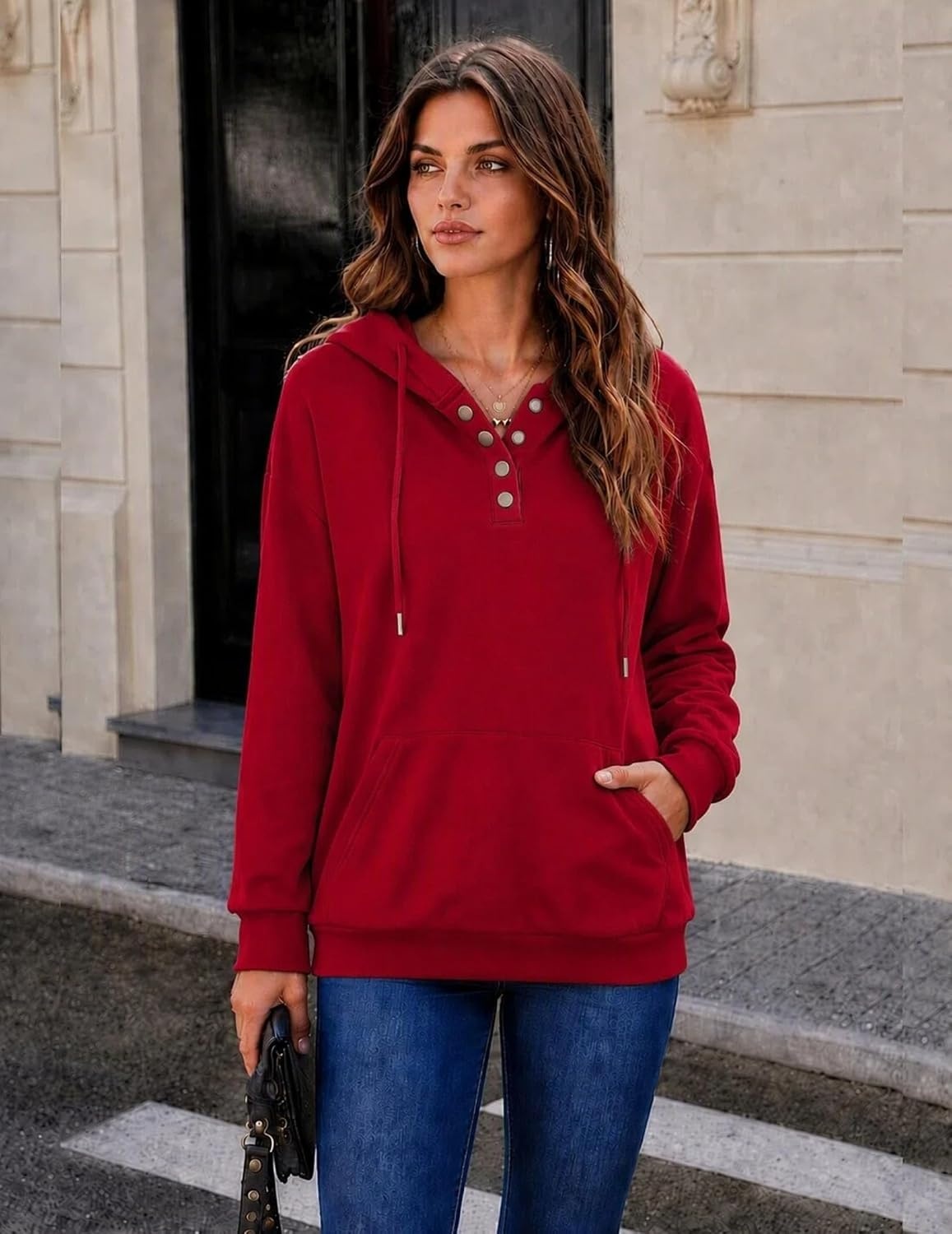 image:imageZeagoo Hoodies for Women Casual Button Sweatshirt Oversized Fall ClothesRed