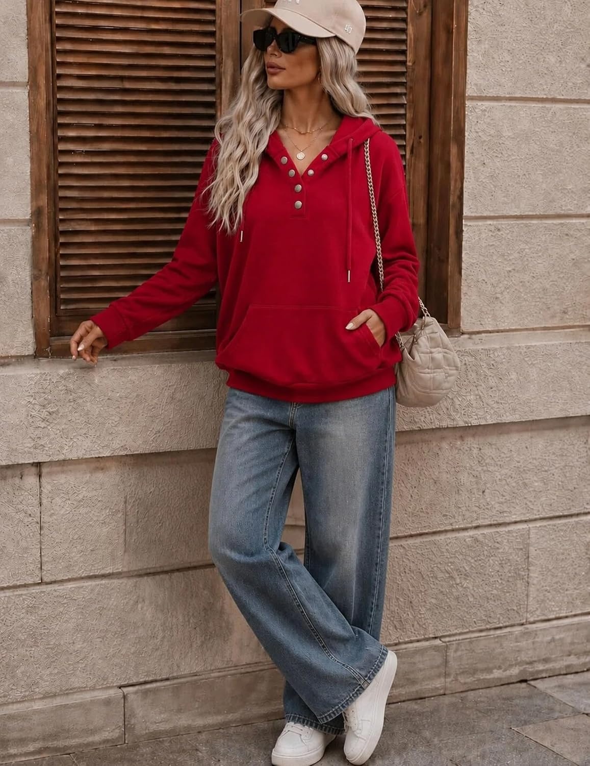 image:imageZeagoo Hoodies for Women Casual Button Sweatshirt Oversized Fall ClothesRed