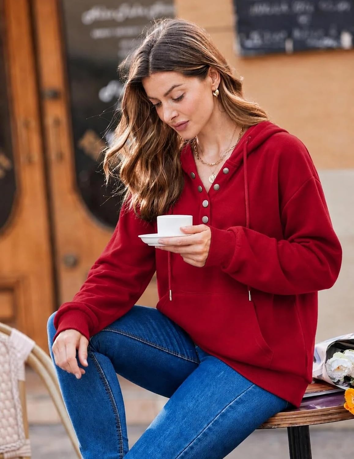 image:imageZeagoo Hoodies for Women Casual Button Sweatshirt Oversized Fall ClothesRed